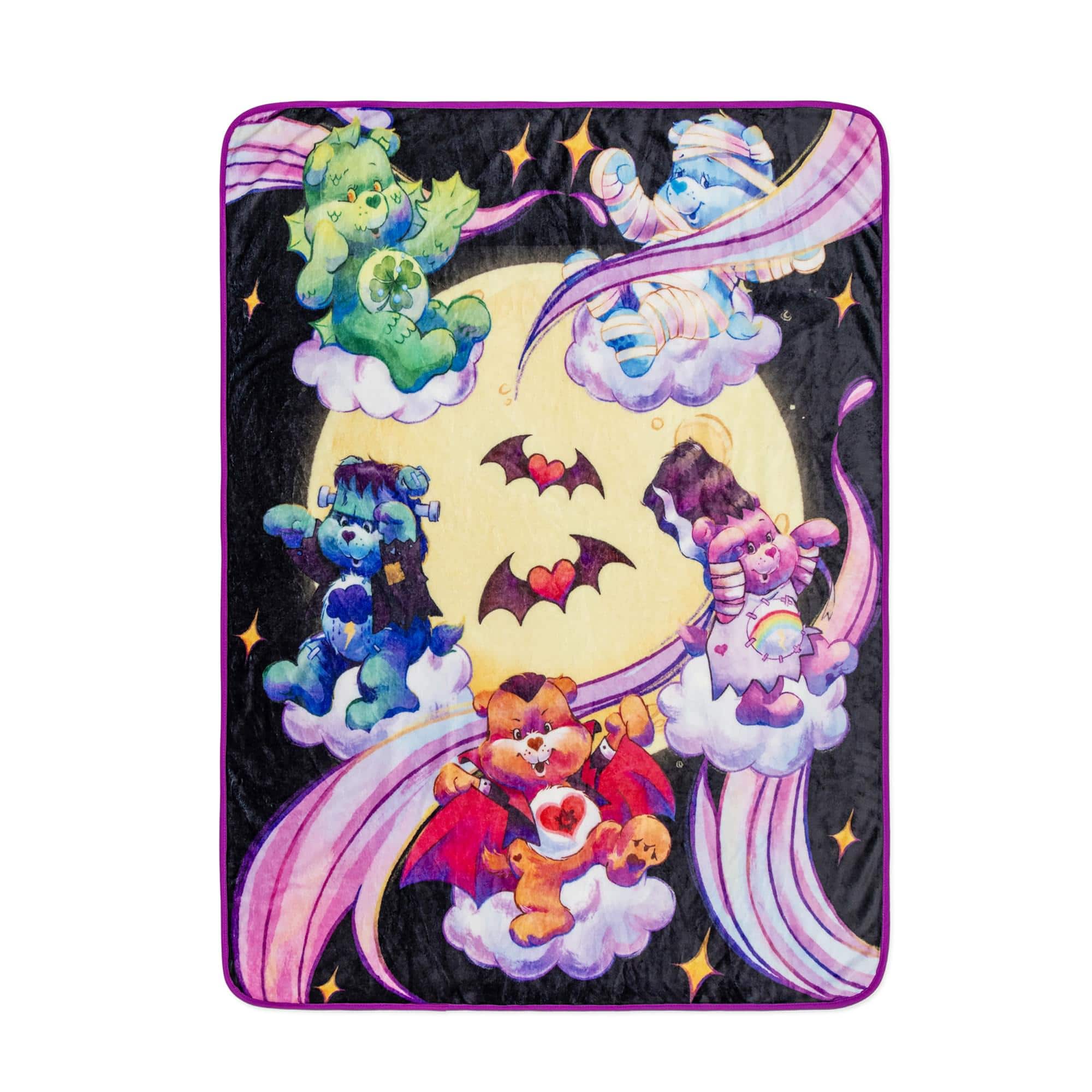 Front. Silver Buffalo - Care Bears x Universal Monsters Raschel Throw Blanket | 45 x 60 Inches - Multi-Colored.