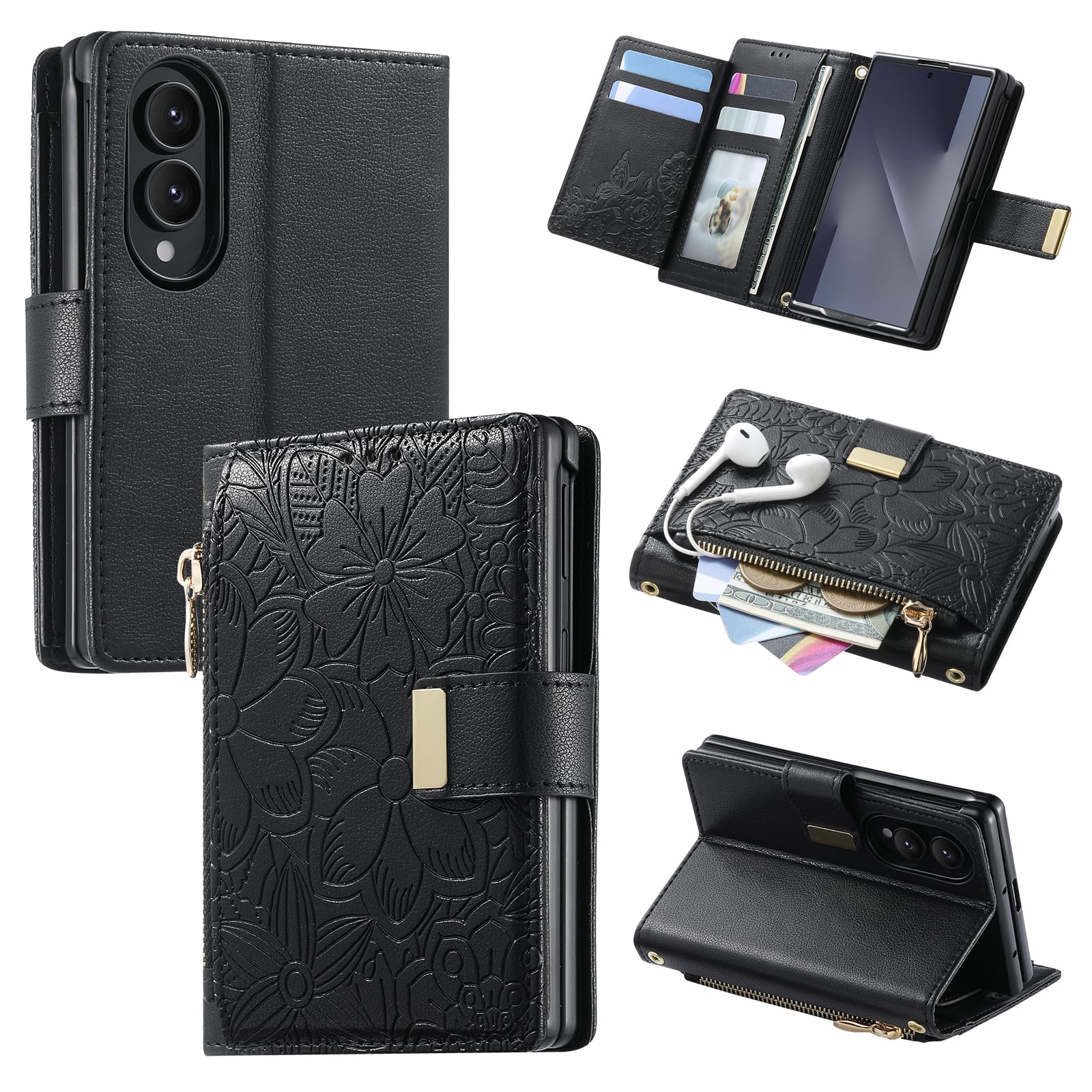 Dteck - Flower Wallet Case for Samsung Galaxy Z Fold8 (2026), Embossed PU Leather Card Slots Folio Cover with Zipper Pocket - Black price history on PriceWatchPro