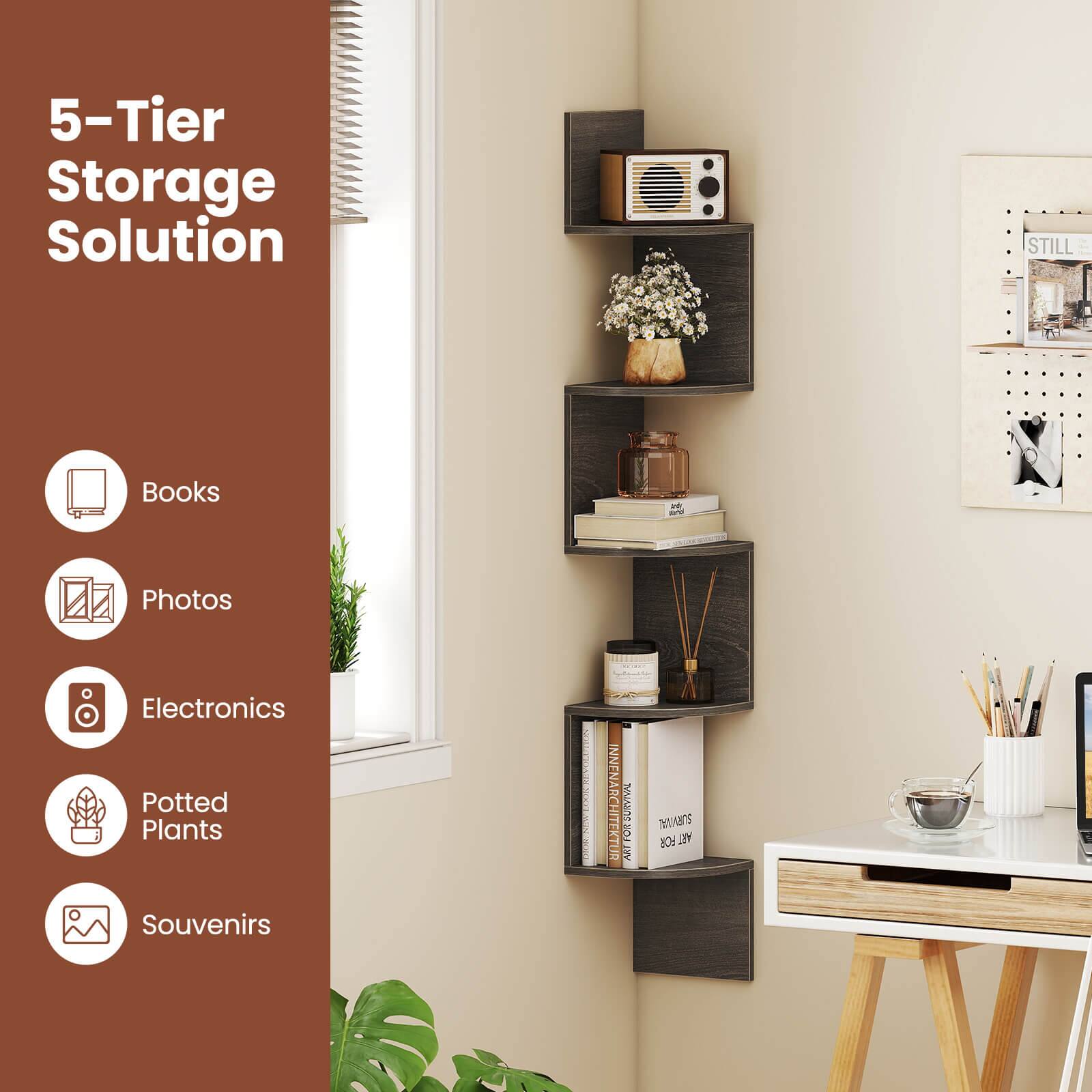5-Tier Storage Solution: Books, Photos, Electronics, Potted Plants, Souvenirs.