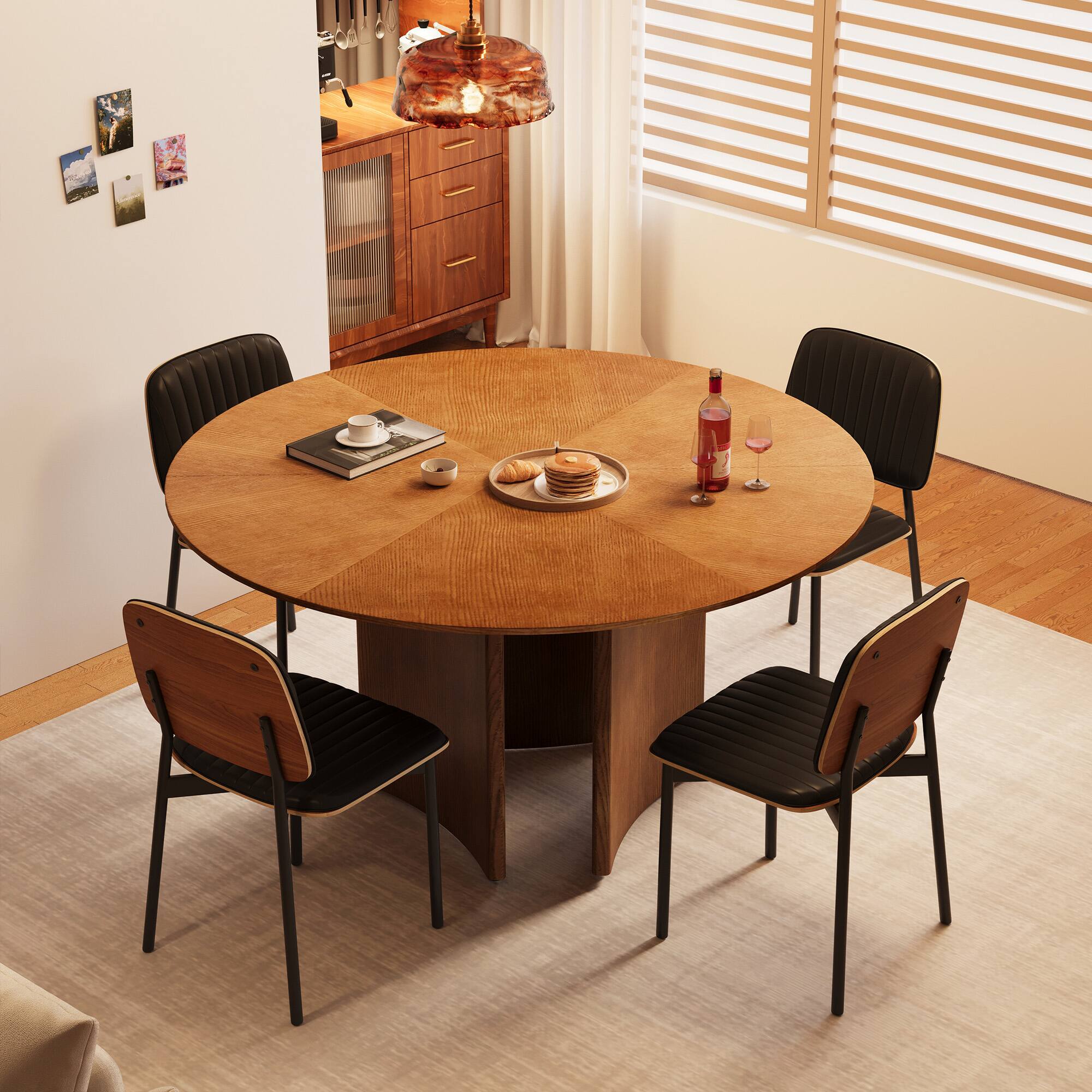 Angle. luck idea - Modern 59" Round Dining Table, Wood Veneer Starburst Top, Contemporary Pedestal Base Dining Room Table - Walnut color.