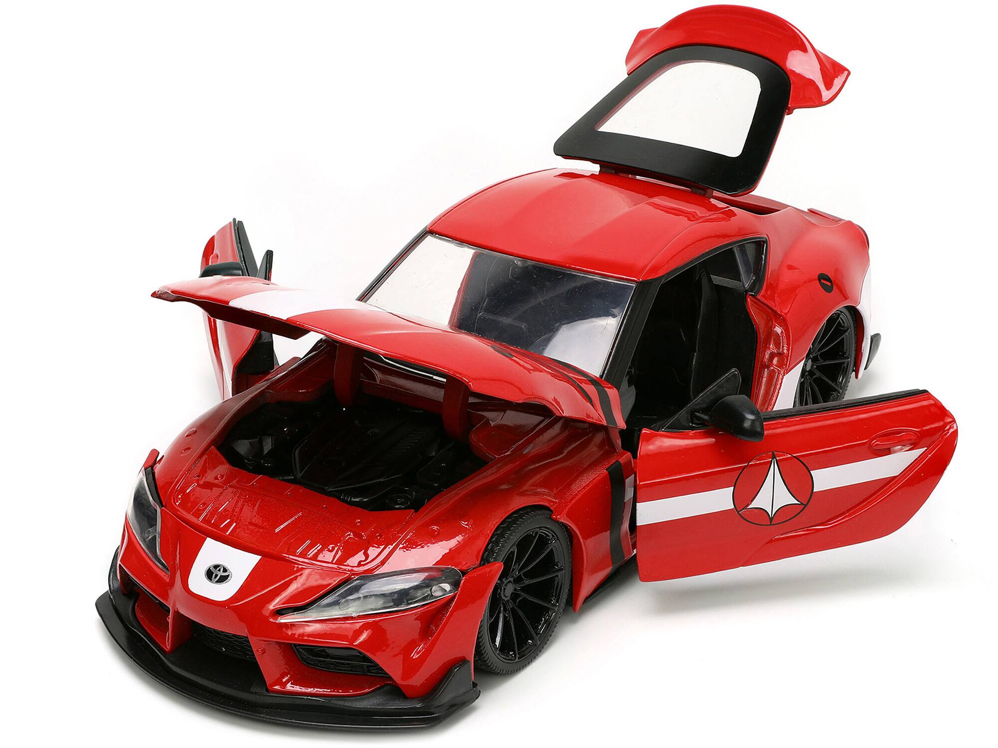 Angle. Jada - 2020 Toyota Supra Red with Graphics and Miriya Sterling Diecast Figurine "Robotech" "Hollywood Rides" Series 1/24 - Red.