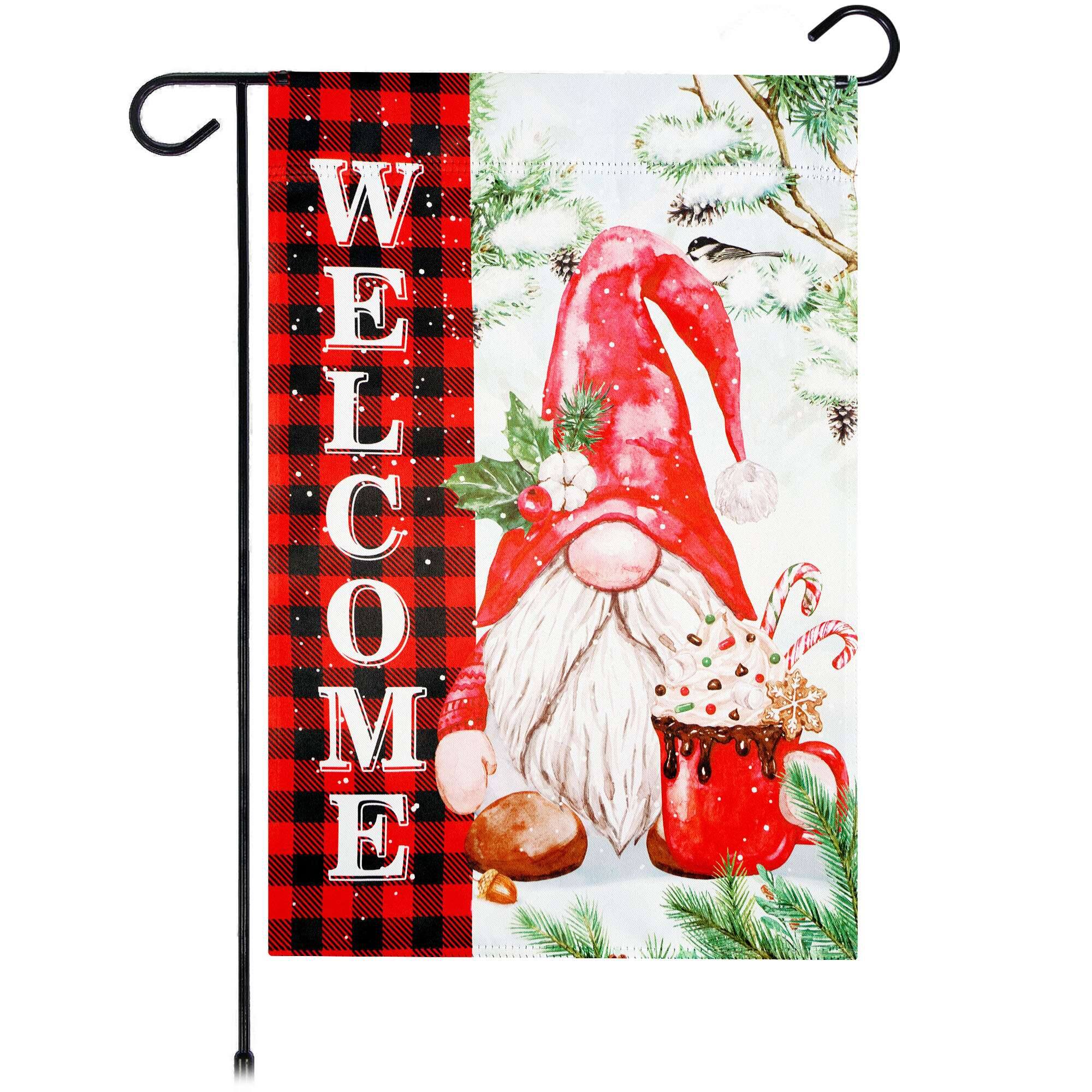 Front. G128 - G128 Welcome Christmas Gnome Plaid Garden Flag 12x18 In Double Sided Christmas Yard Garden Lawn Decoration - Red, Black, White.