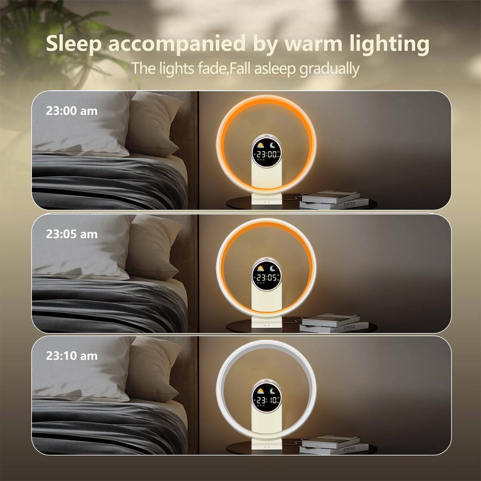 Sleep accompanied by warm lighting  
The lights fade, Fall asleep gradually  

23:00 am  
23:05 am  
23:10 am