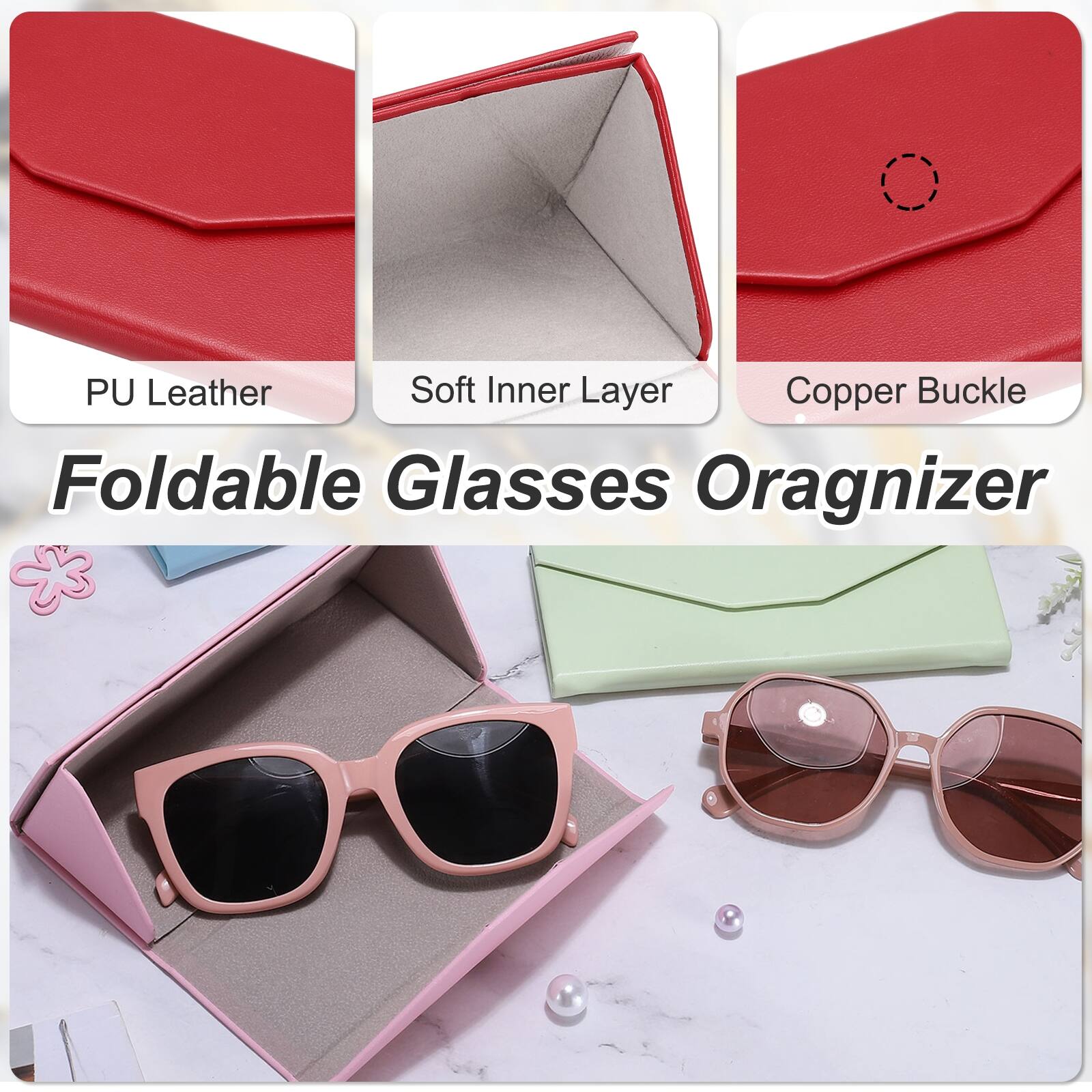 PU Leather Soft Inner Layer Copper Buckle Foldable Glasses Organizer