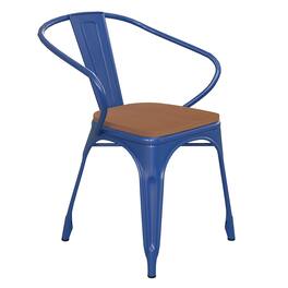Emma + Oliver - Alva Metal Indoor-Outdoor Stacking Chair with Vertical Slat Back, Arms and All-Weather Polystyrene Seat - Teak Seat/Blue Frame