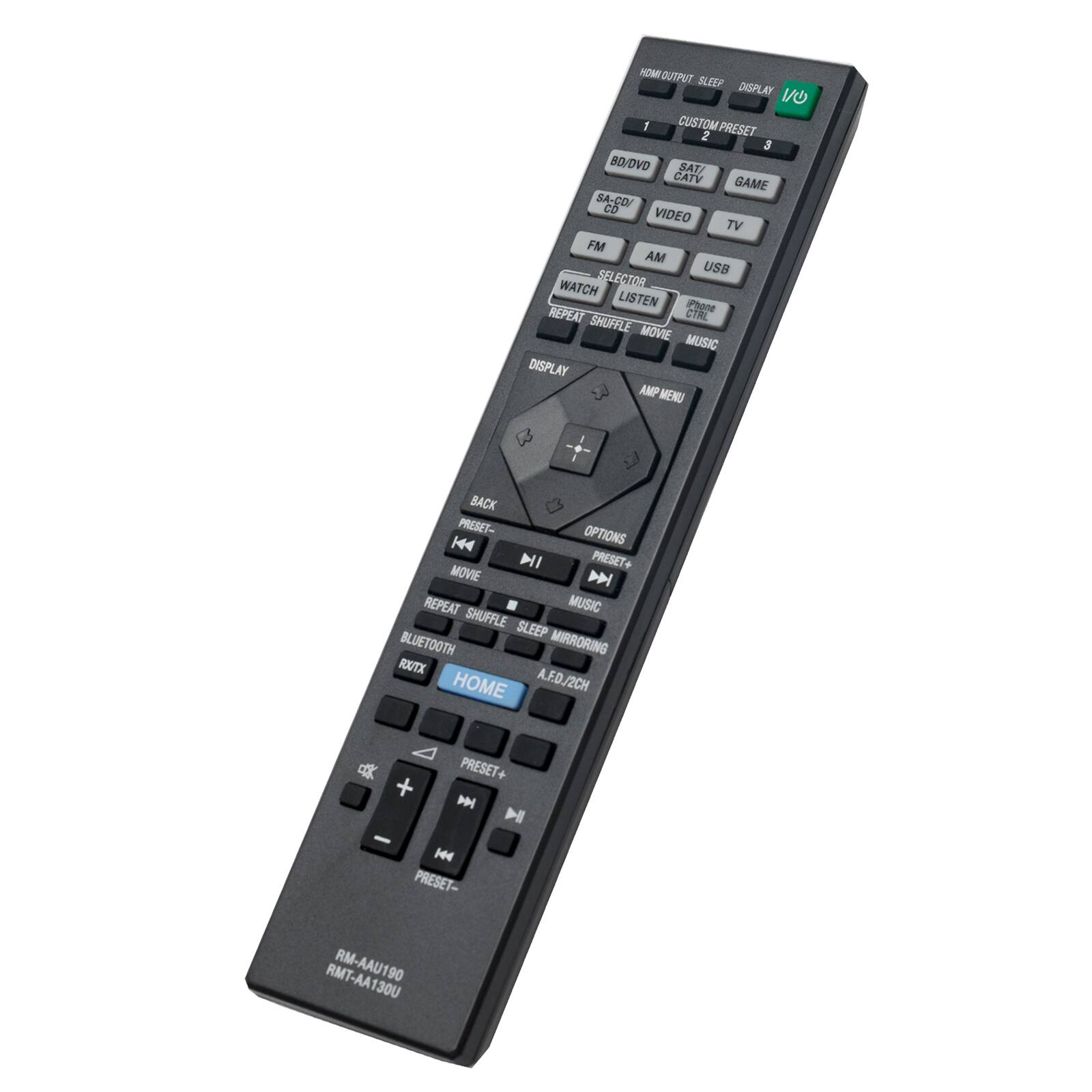 HOME OUTPUT SLEEP DISPLAY I/O I CUSTOM PRESET 1 2 3 BD/DVD SAT/CATV GAME SA-CD CD VIDEO TV FM AM USB WATCH SELECTOR LISTEN iPhone CTRL MOVIE MUSIC DISPLAY AMP MENU I BACK PRESET- OPTIONS 144 DI PRESET + MOVIE DN REPEAT MUSIC SHUFFLE SLEEP BLUETOOTH MIRRORING RX/TX HOME A.F.D/2CH A PRESET+ + M H - 44 PRESET- RMT-AA130U