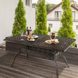 Gymax - 59'' Patio Rectangle Dining Table Outdoor Cast Aluminum Table w/ Umbrella Hole - Bronze