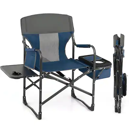 Front. Costway - Folding Camping Directors Chair Portable with Cooler Bag & Side Table Blue - Blue.