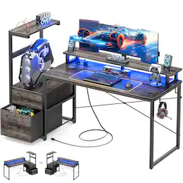 Aheaplus - Gaming Desk with LED Lights and Power Outlets, 59'' Reversible Computer Desk with Drawers & Monitor Stand - Gray Oak