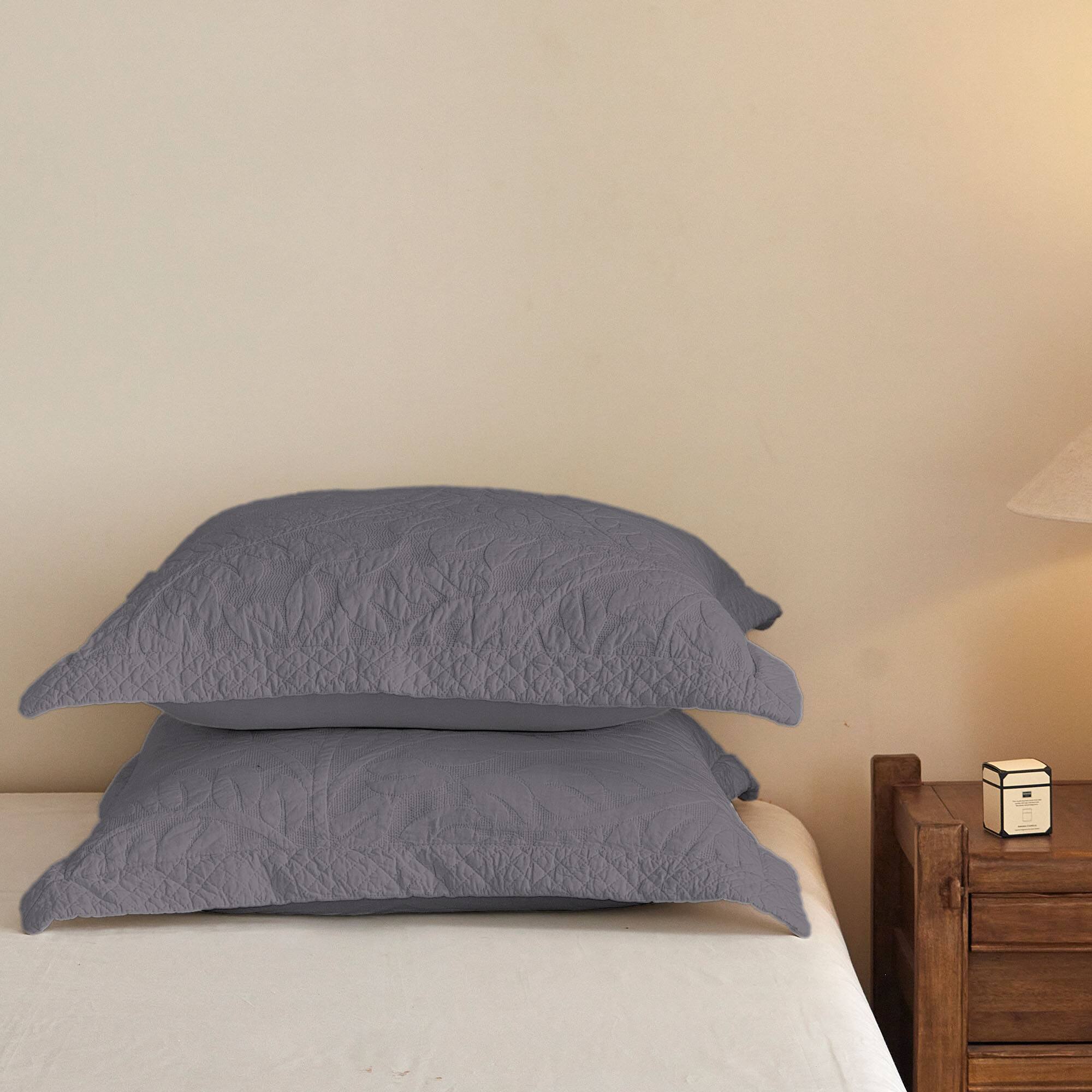 Alt View 1. MarCielo - 100% Cotton Embroidered Quilted Pillow Shams Set of 2, 26"x26" Euro Size - Light Grey.