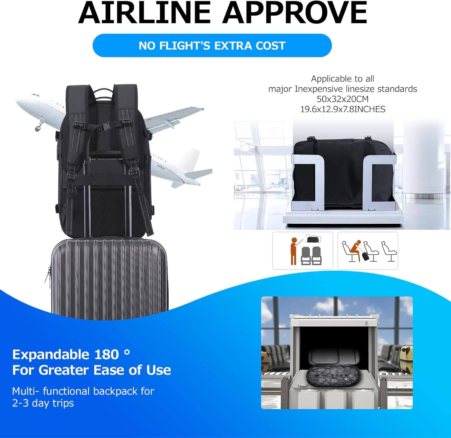 **AIRLINE APPROVE**

**NO FLIGHT'S EXTRA COST**

Applicable to all major inexpensive linesize standards  
50x32x20CM  
19.6x12.9x7.8INCHES

**Expandable 180°**  
For Greater Ease of Use

Multi-functional backpack for 2-3 day trips