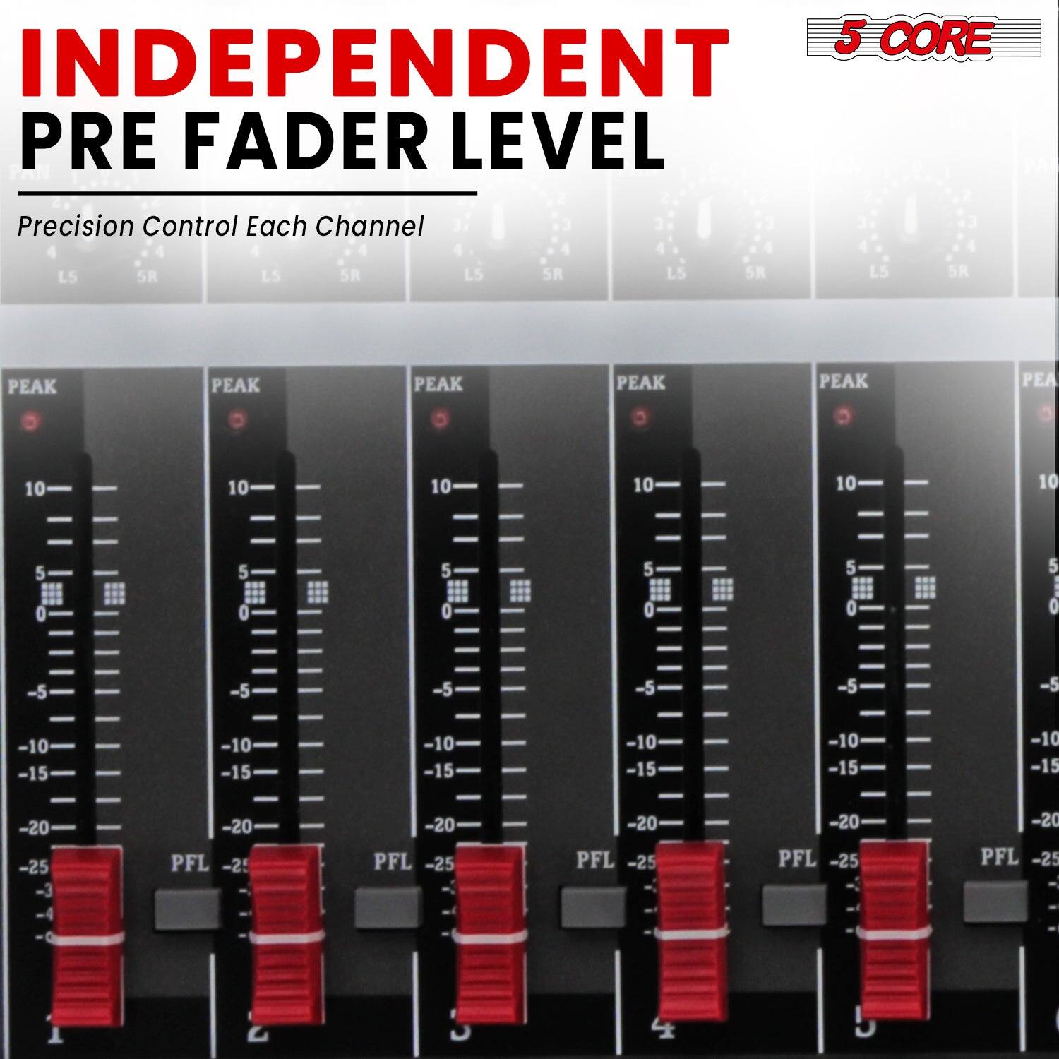 5 CORE  
INDEPENDENT PRE FADER LEVEL  
Precision Control Each Channel  

L5 5R L5 5R L5 5R L5 5R L5 5R  

PEAK PEAK PEAK PEAK PEAK PEAK  

10 10 10 10 10 10  
5 0 5 0 5 0 5 0 5 0 5 0  
-5 -5 -5 -5 -5 -5 -5 -5 -5 -5 -5 -5  
-10 -10 -10 -10 -10 -10 -10 -10 -10 -10 -10 -10  
-15 -15 -15 -15 -15 -15 -15 -15 -15 -15 -15 -15  
-20 -20 -20 -20 -20 -20 -20 -20 -20 -20 -20 -20  
-25 -25 -25 -25 -25 -25 -25 -25 -25 -25 -25 -25  
PFL PFL PFL PFL PFL PFL PFL PFL PFL PFL PFL PFL  

1 2 3 4 5 6