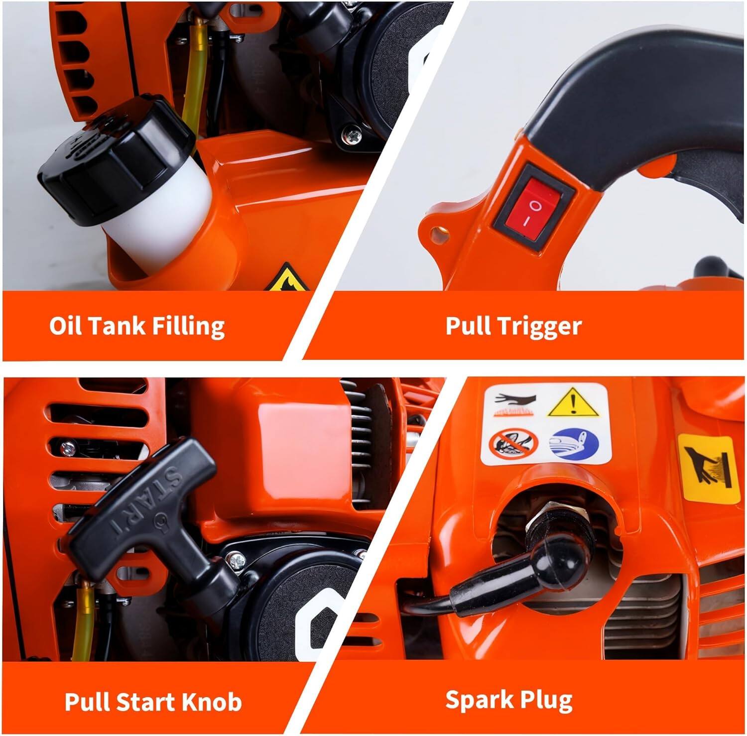 - Oil Tank Filling
- Pull Trigger
- Pull Start Knob
- Spark Plug