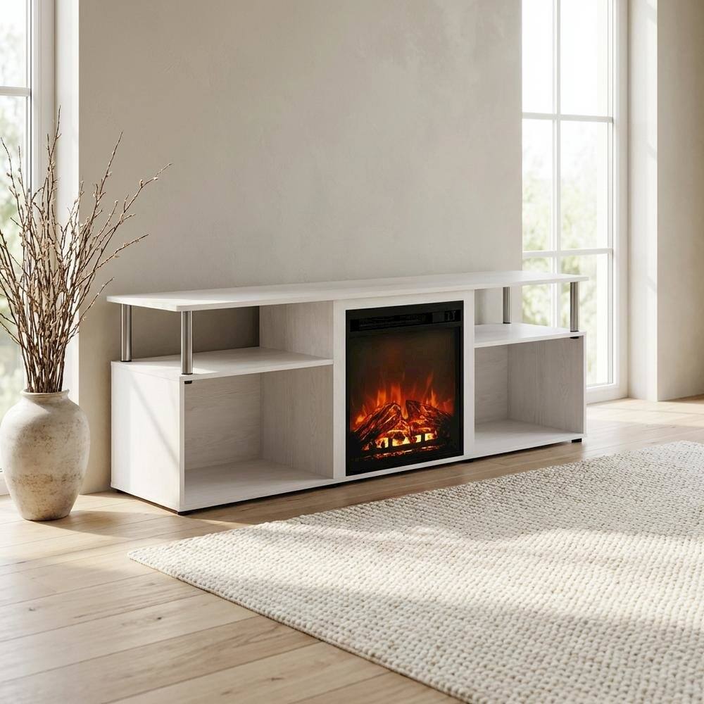Alt View 2. FurniFact - White Oak, Chrome Fireplace Entertainment Center, TVs up to 70 Inches - White.