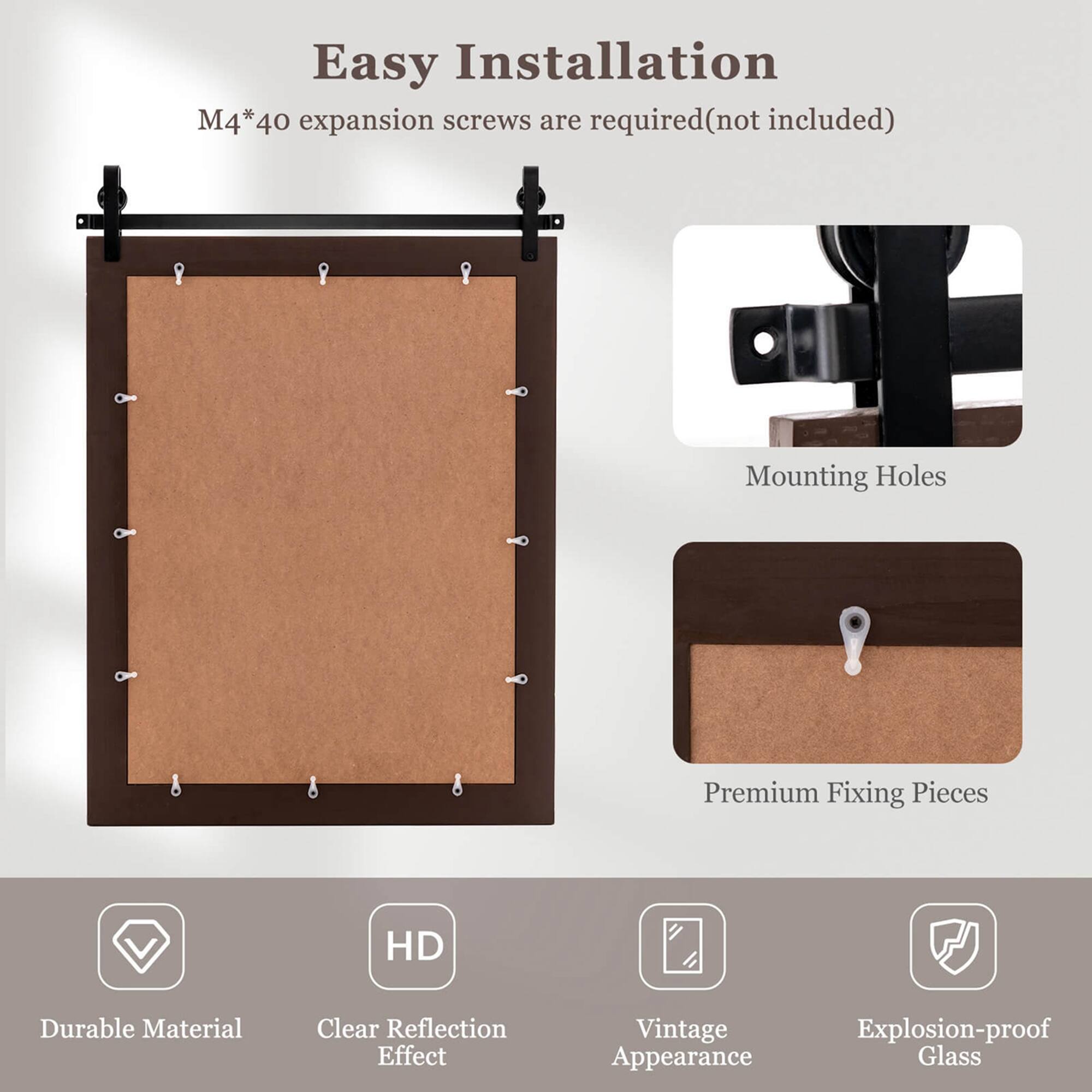 Easy Installation

M4*40 expansion screws are required (not included)

Mounting Holes

Premium Fixing Pieces

Durable Material

Clear Reflection Effect

Vintage Appearance

Explosion-proof Glass