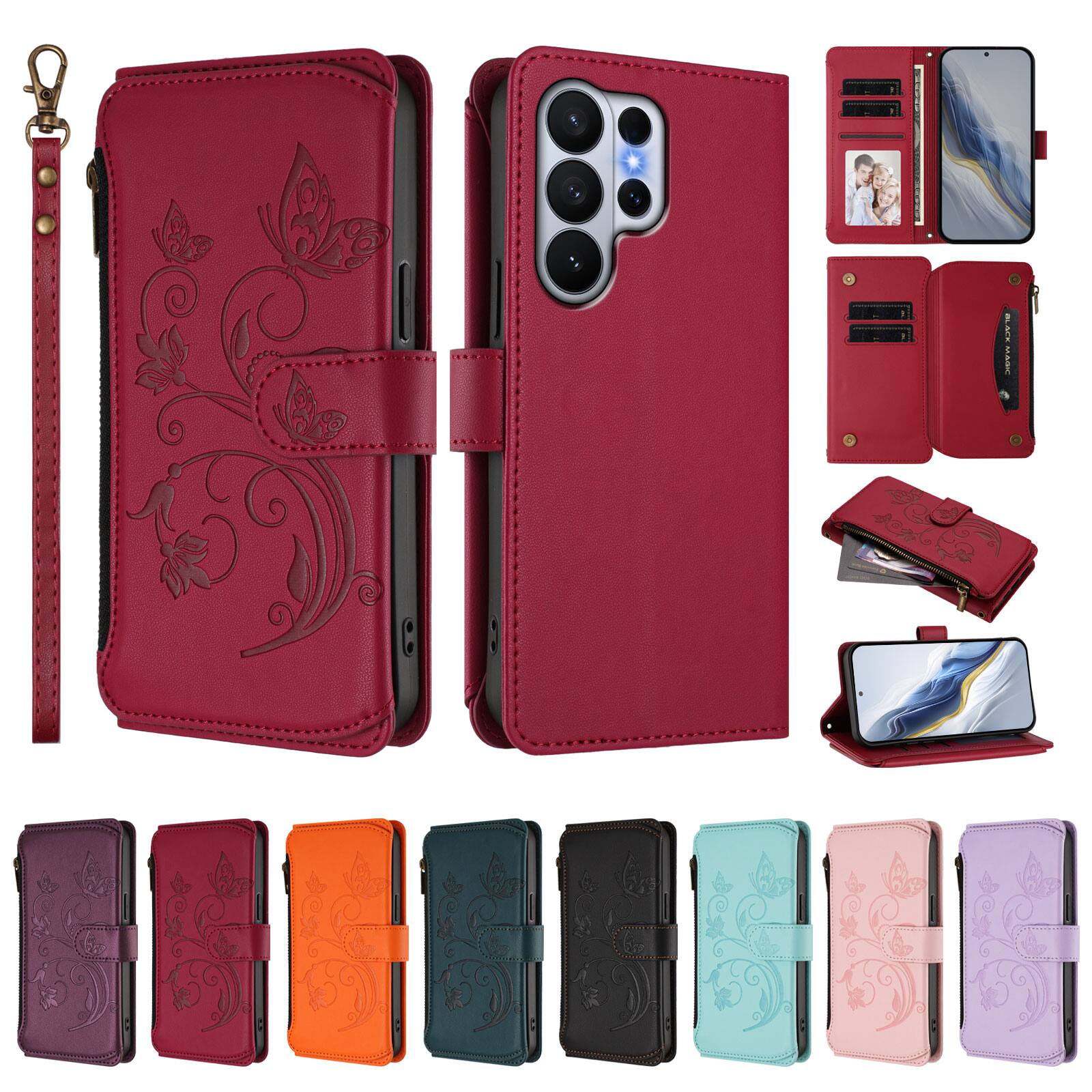 Front. Dteck - Crossbody Wallet Case for Samsung Galaxy S26 Ultra,Embossed Butterfly Flower Folio Cover with Zipper Pocket+Strap - Red.