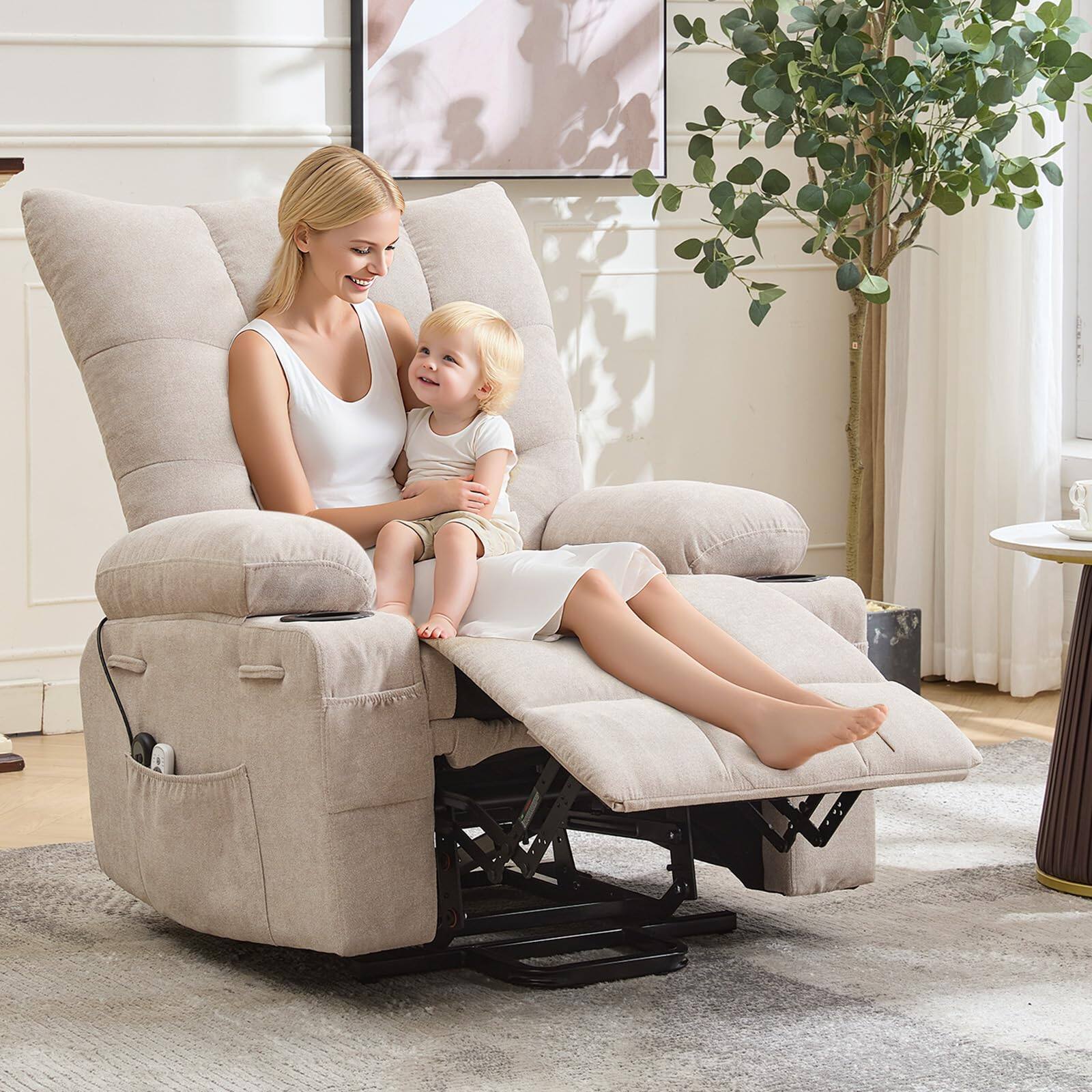 Alt View 7. Jojoka - 35" Wide Electric Power Lift Recliner with Massage and Heat, 45 degrees Stand Assist for Elderly - Beige.