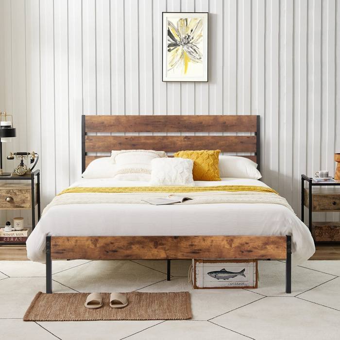 Hivvago - Full Industrial Platform Bed Frame with Wood Slatted Headboard Footboard - Rustic Brown