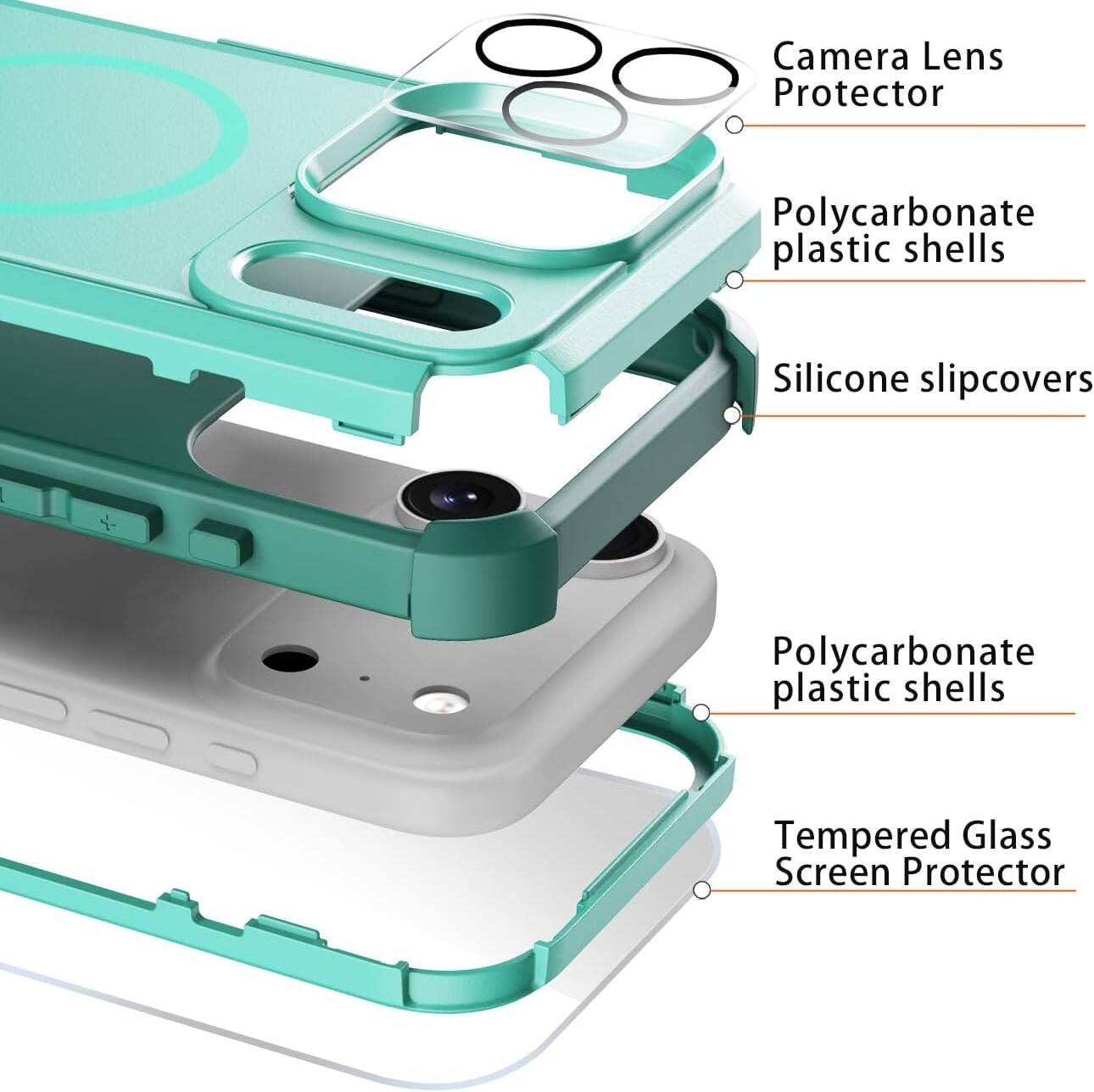 Camera Lens Protector  
Polycarbonate plastic shells  
Silicone slipcovers  
Polycarbonate plastic shells  
Tempered Glass Screen Protector