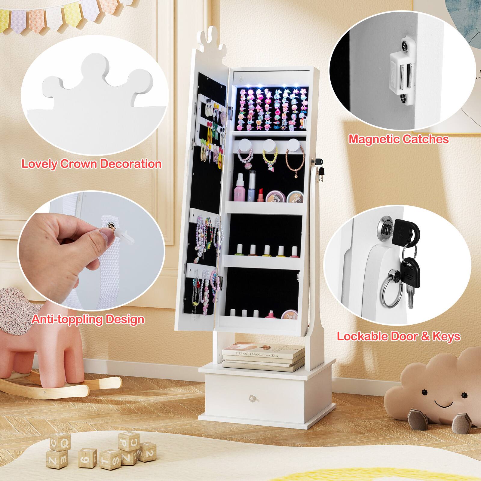 - Lovely Crown Decoration
- Magnetic Catches
- Anti-toppling Design
- Lockable Door & Keys