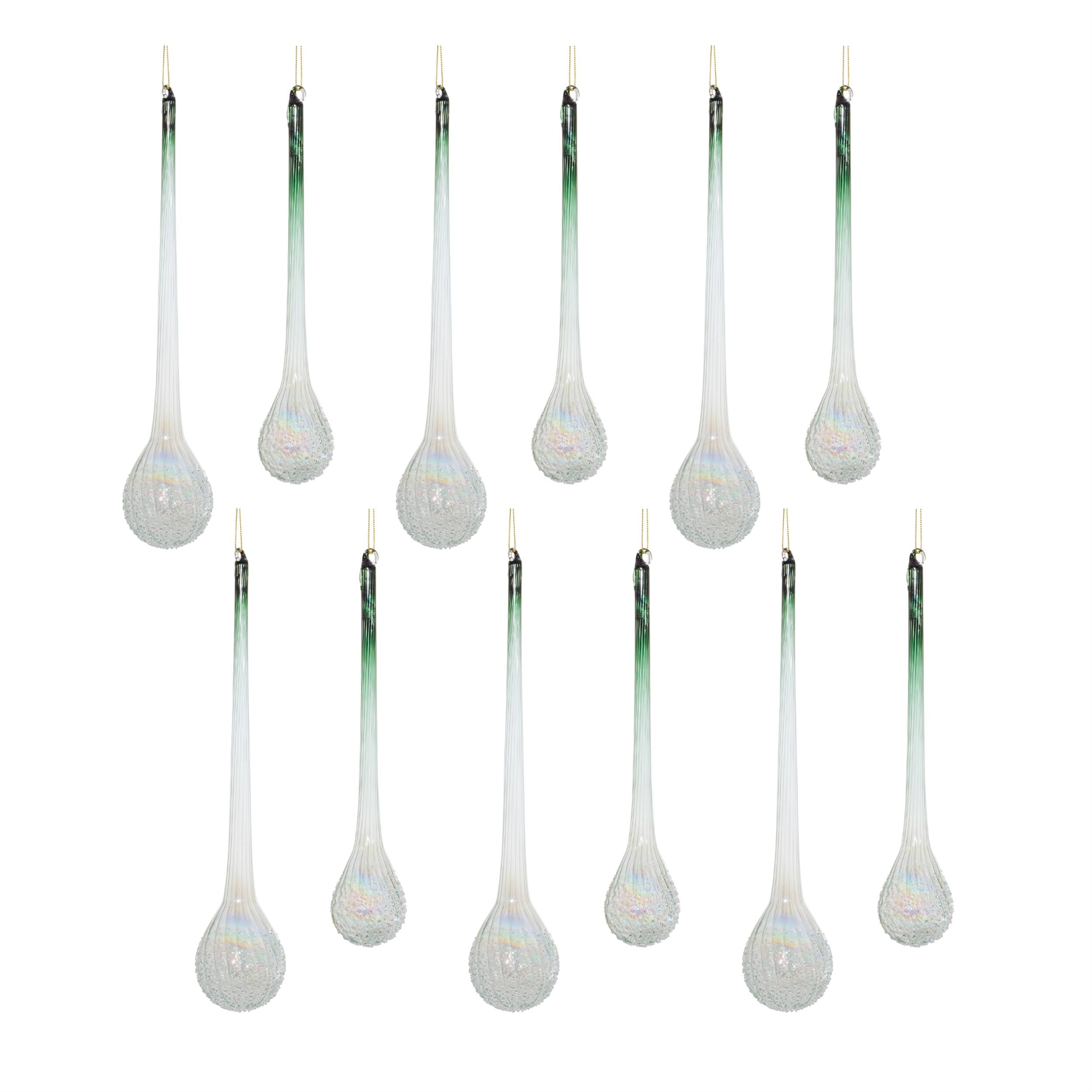 Left. BreeBe - Green Iridescent Ribbed Glass Icicle Drop Ornament (Set of 12) - Green, Irredescent.