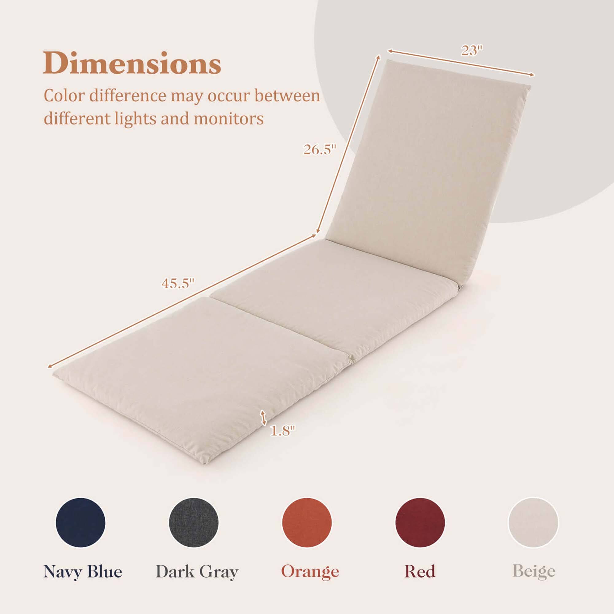Dimensions  
Color difference may occur between different lights and monitors  

23"  
26.5"  
45.5"  
1.8"  

Navy Blue  
Dark Gray  
Orange  
Red  
Beige