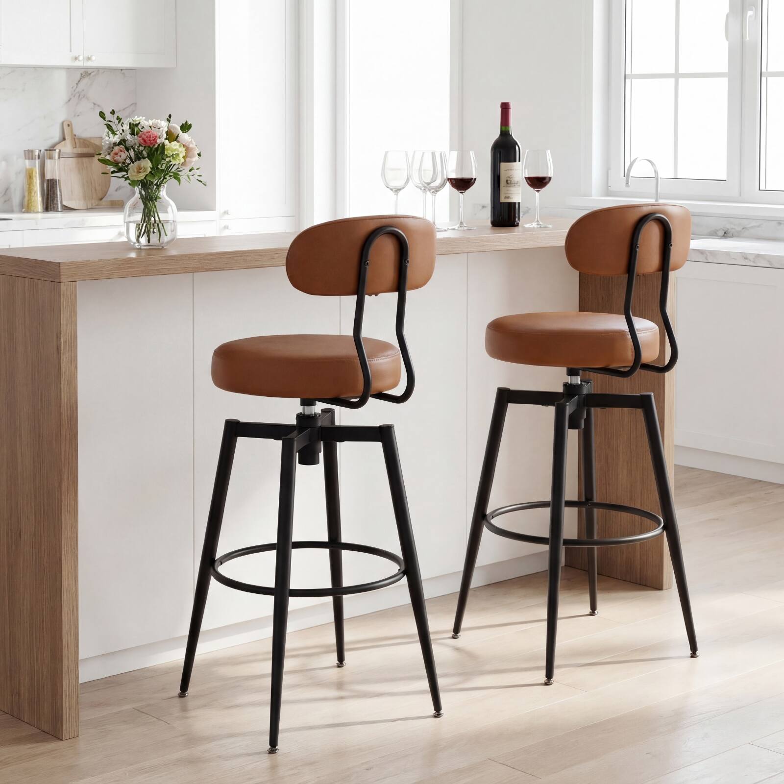 Alt View 4. Costway - Costway Swivel Barstools Set of 4 Faux Leather Bar Height Chairs with Upholstered Seat - Black + Brown.