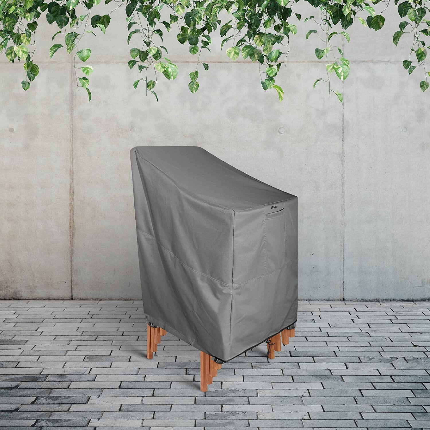 Angle. KHOMO GEAR - Heavy Duty Stackable Chair Cover - Premium Outdoor Furniture Protector, Durable, Weatherproof, UV Resistant - Gray.