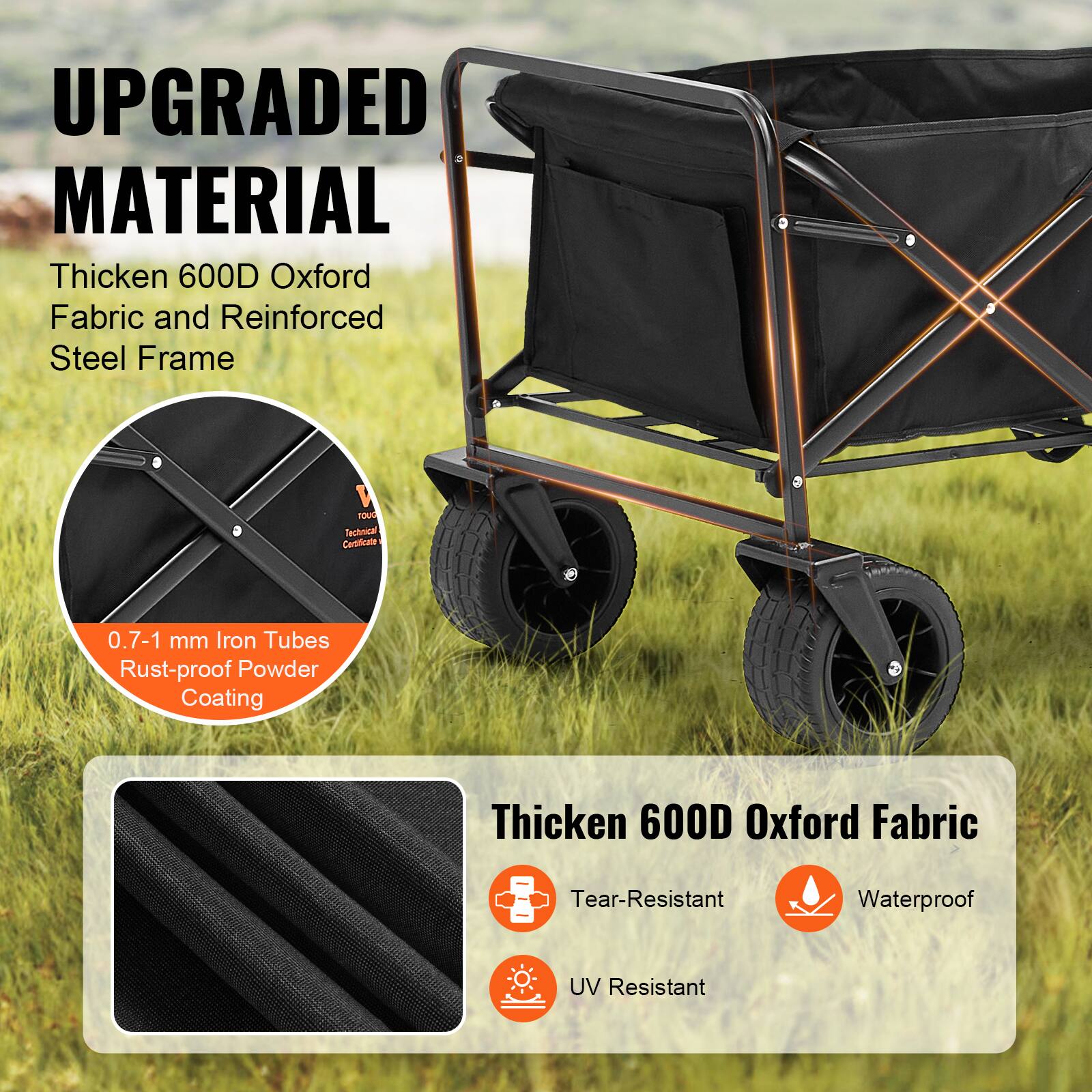 UPGRADED MATERIAL
Thicken 600D Oxford Fabric and Reinforced Steel Frame
0.7-1 mm Iron Tubes Rust-proof Powder Coating
Thicken 600D Oxford Fabric
Tear-Resistant
Waterproof
UV Resistant