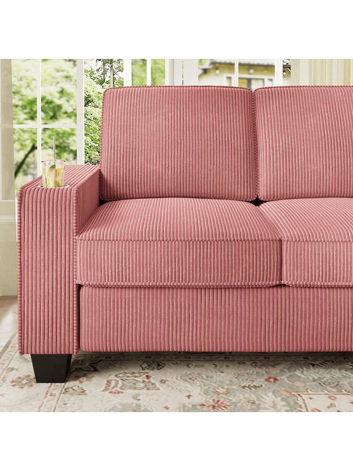 Left. Trinkets Crazed - 83.5 Inch Oversized 3 Seater Couch,Upholstered Corduroy Love Seat Sofa for Living Room,Modern Deep Seat Loveseat Sofa - Pink.