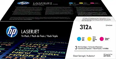 Sure, here is the corrected and grouped text:

---

**HP LaserJet**

**Tri-Pack / Pack de Trois / Pack Triple**

**312A**

**Cyan**  
**Magenta**  
**Yellow**

**3 Prior Cartridges / Cartridges d'impression / Cartuchos de impresión**

**Great Savings! / Aubeine!**

**HP LaserJet Pro MFP M436n**

**NEW YORK**

**LONDON**

**PARIS**

**HONG KONG**

**TOKYO**

**MADRID**

**HP 0440AM**

---

This text is organized to reflect the information from the image, including the product details and the cities listed.