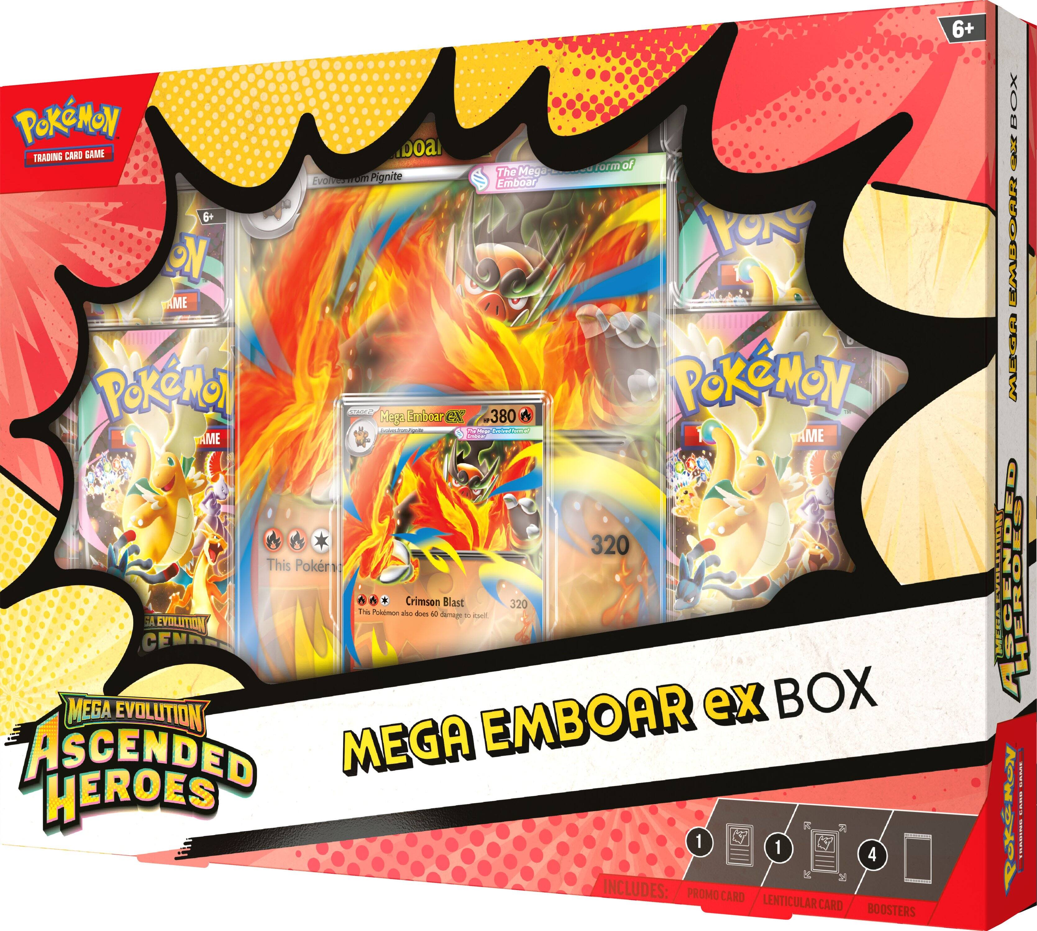 Pokémon Trading Card Game  
Doa form of The Mega Evolution: Emboar  
6+  
YON KO AME  
Pokémon Maga ex 380  
This Pokémon's Crimson Blast does 60 damage to each face-up Pokémon.  
EVOLUTION MEGA EVOLUTION EMBOAR ex BOX  
ASCENDED MEGA HEROES  
INCLUDES:  
1 PROMO CARD  
1 LENTICULAR CARD  
6+ BOOSTERS  
6+ BOX  
EMBOAR  
NOILIDICALVISNI MEDA  
ASSEREE SCENDE HEROEO  
PokeRoy