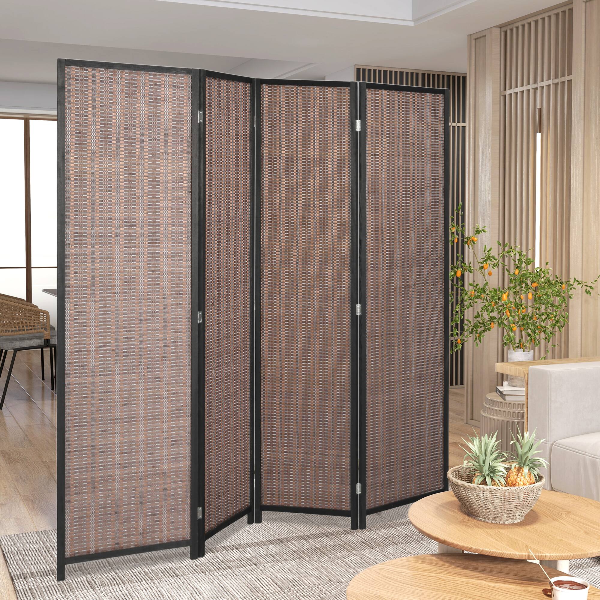 Alt View 7. Homcom - Divider Folding Privacy Screen Freestanding 4 Panel Pine Wood for Bedroom Home Office 6 Ft Tall Black - Black, Brown.