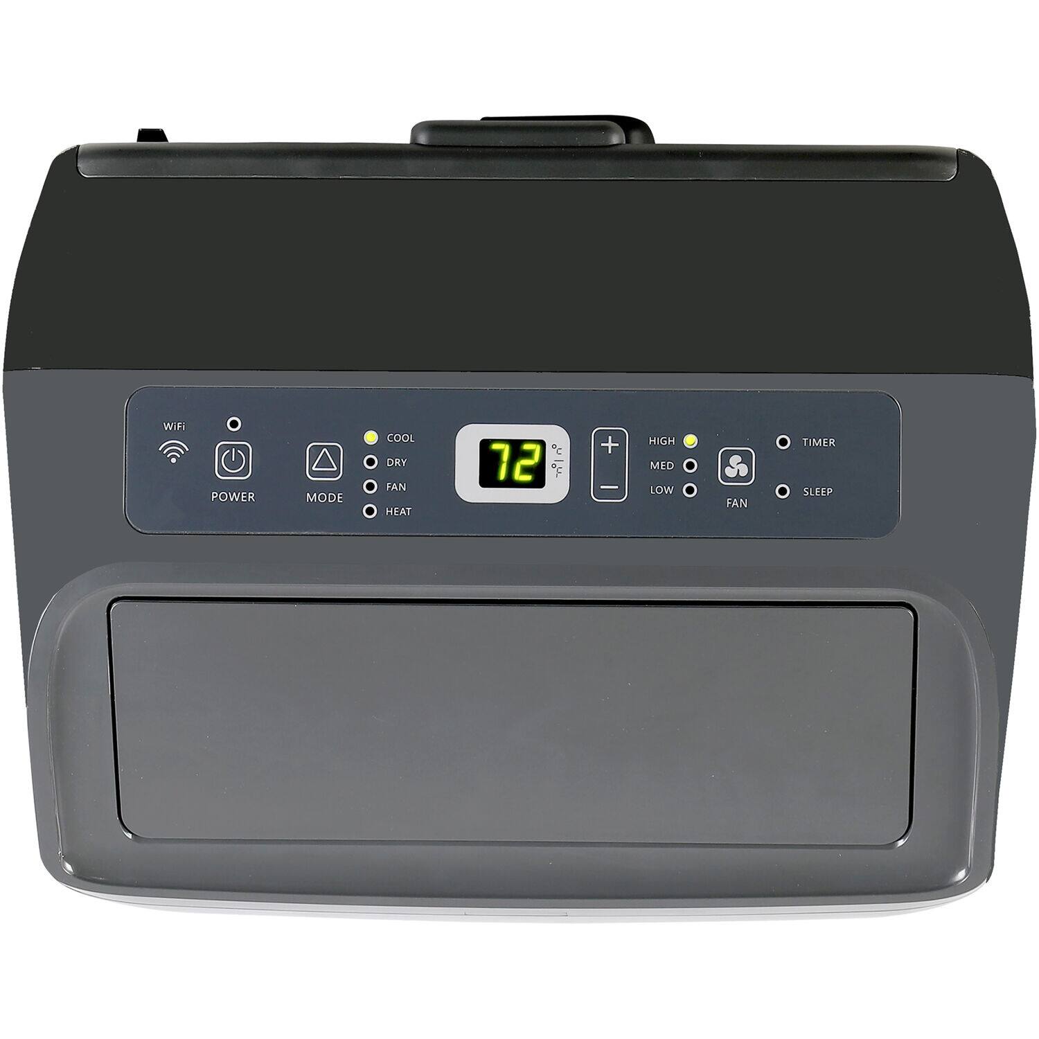 The image features a black and grey device with a digital display showing the time and temperature. The device has a power button, a fan timer, and a sleep timer. The temperature is set at 72 degrees Fahrenheit. The device also has a cool dry fan, a fan heater, and a heater. The fan timer and sleep timer are located on the right side of the device.