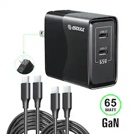 Esoulk - iPhone iPad Macbook Dual USB-C Charger 65W GaN + 2 Cables (6' and 4') - Black