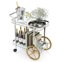 Ecooso - 2-Tier Tempered Glass Bar Cart Mobile Serving Cart with Aluminum Wheels and Casters - KC56698