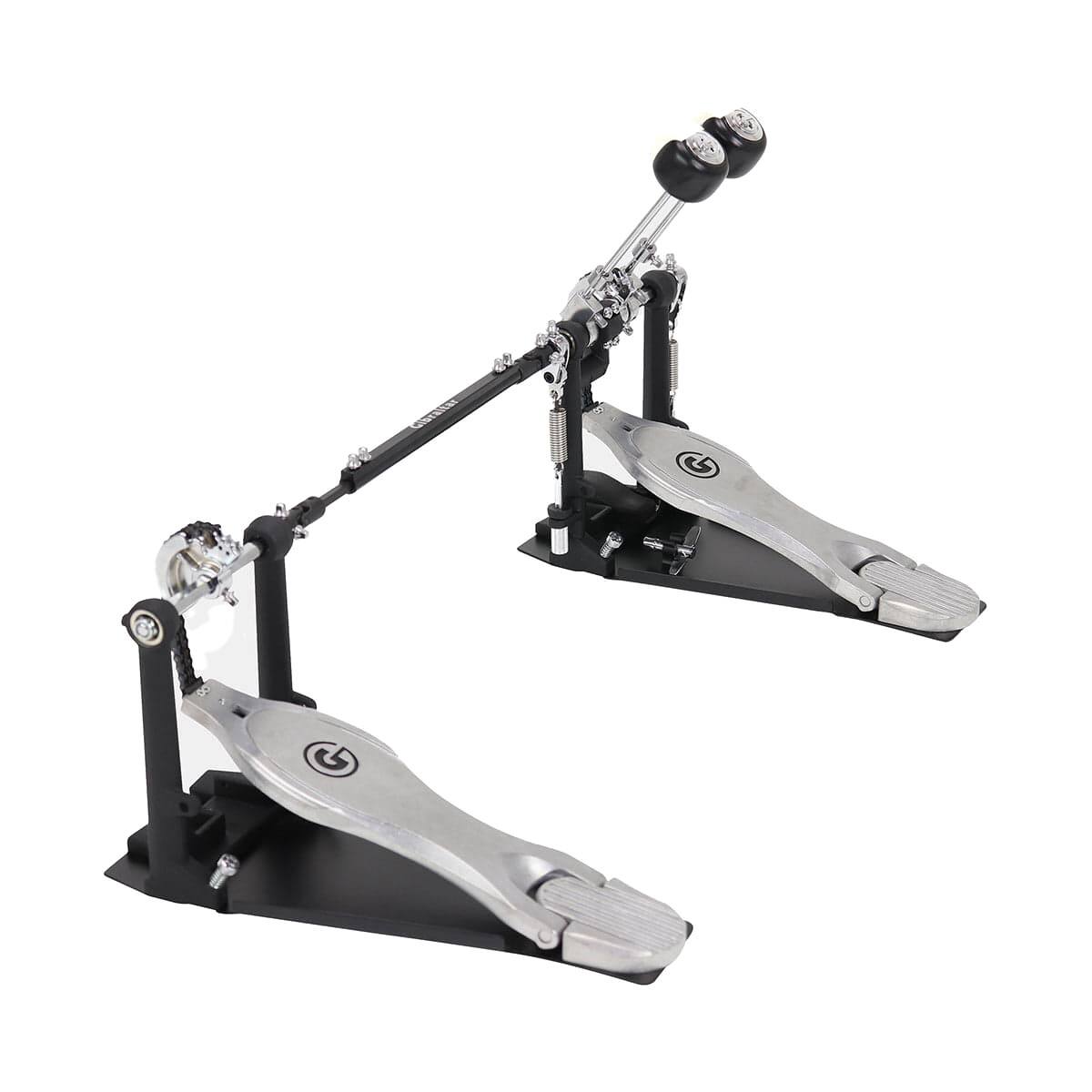 Left. Gibraltar Hardware - 6000 Series Double Chain Drive Double Bass Drum Pedal, with G Style Fast Touch Footboards, Dual Surface Beaters.