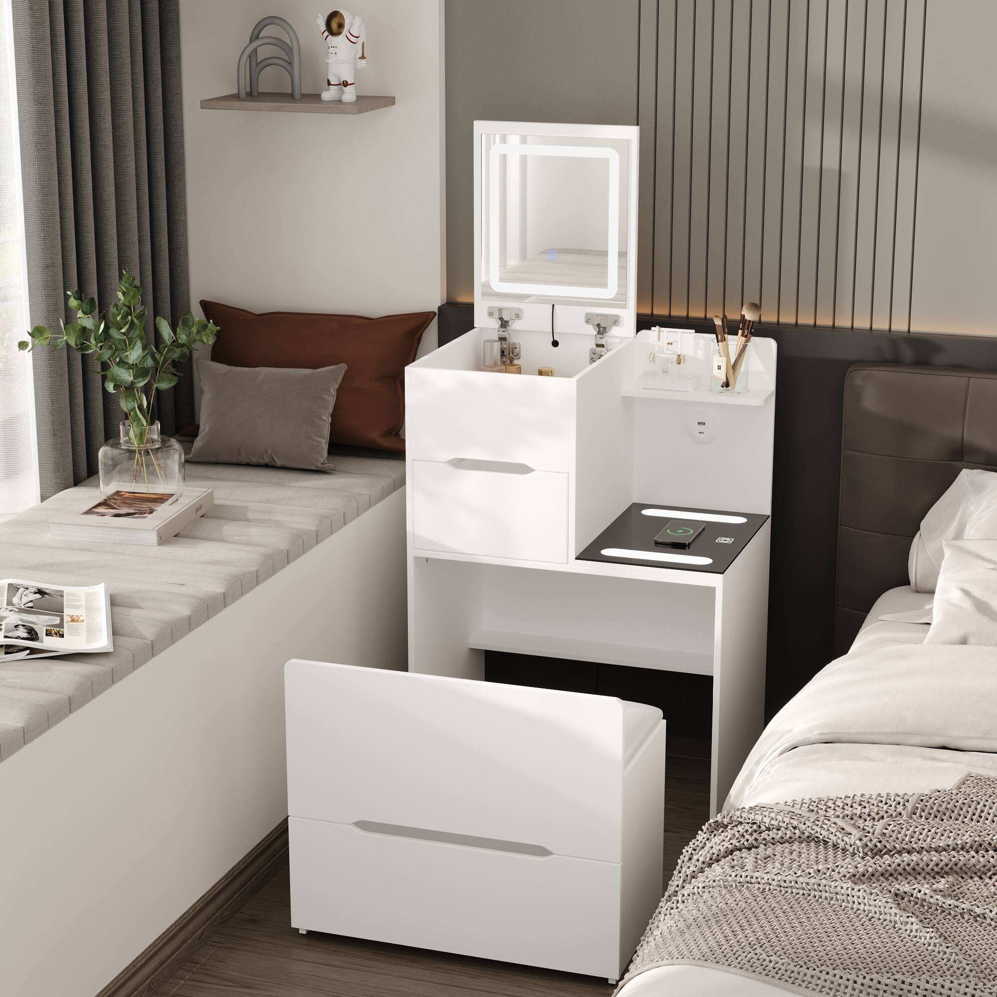 Alt View 1. Famapy - Famapy Multifunctional Vanity Nightstand: Your Compact Beauty & Storage Hub - White.