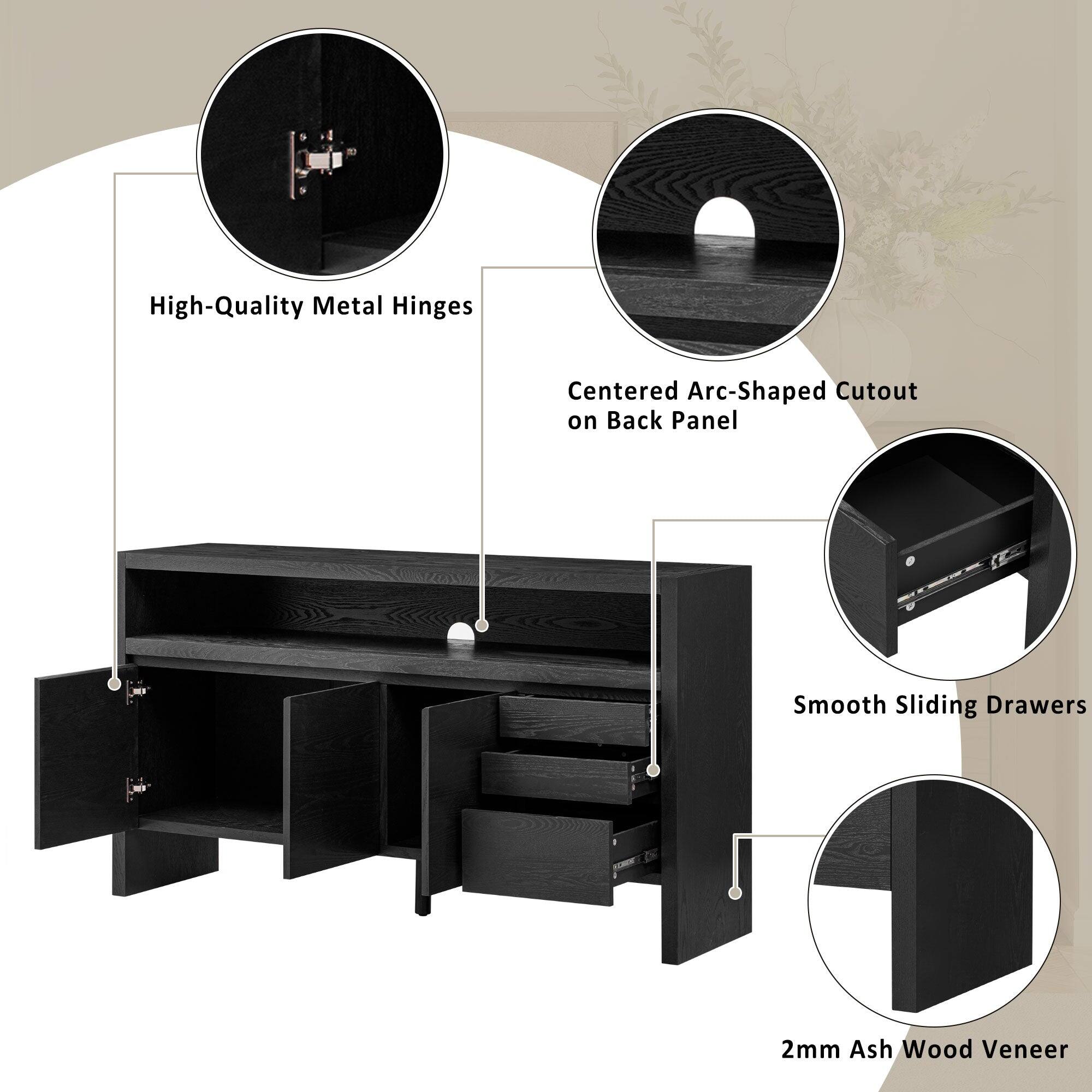 High-Quality Metal Hinges  
Centered Arc-Shaped Cutout on Back Panel  
Smooth Sliding Drawers  
2mm Ash Wood Veneer