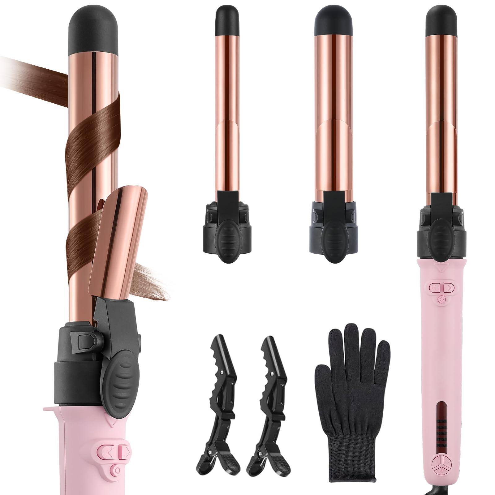 Front. Live At Space - Rotating Curling Iron Set Automatic Wand For Long Hair Easy To Use Curler Get Effortless Beach Waves 3 Sizes - Titanium Gold.