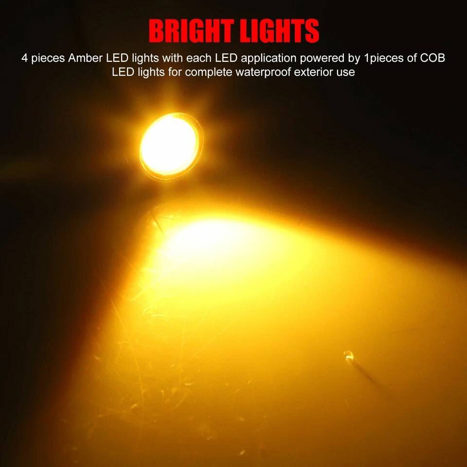 BRIGHT LIGHTS

4 pieces Amber LED lights with each LED application powered by 1 piece of COB LED lights for complete waterproof exterior use