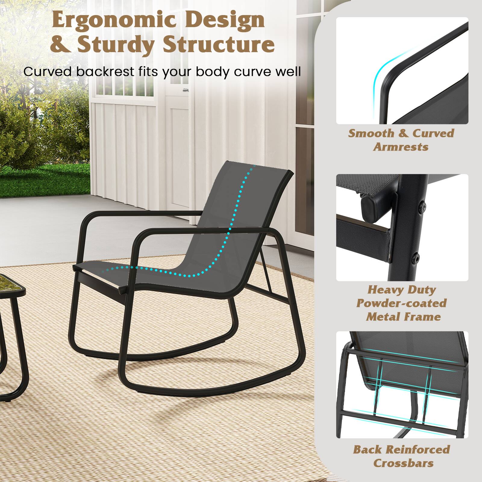 Ergonomic Design & Sturdy Structure  
Curved backrest fits your body curve well  

Smooth & Curved Armrests  

Heavy Duty Powder-coated Metal Frame  

Back Reinforced Crossbars