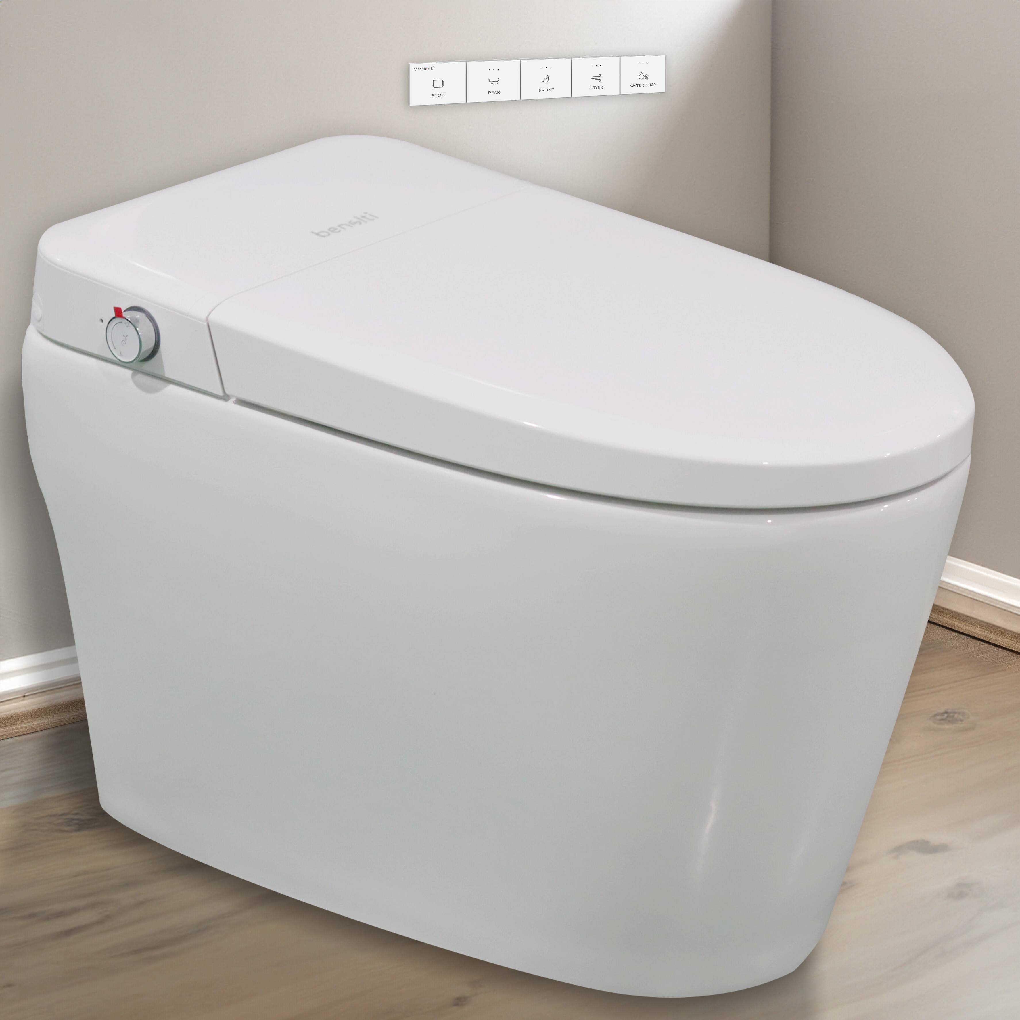 Angle. Benolti - 6100S, 1-Piece 1.28 GPF Tankless Elongated Smart Bidet Toilet in White, Auto Flush, Heated Seat with Soft Close - White.