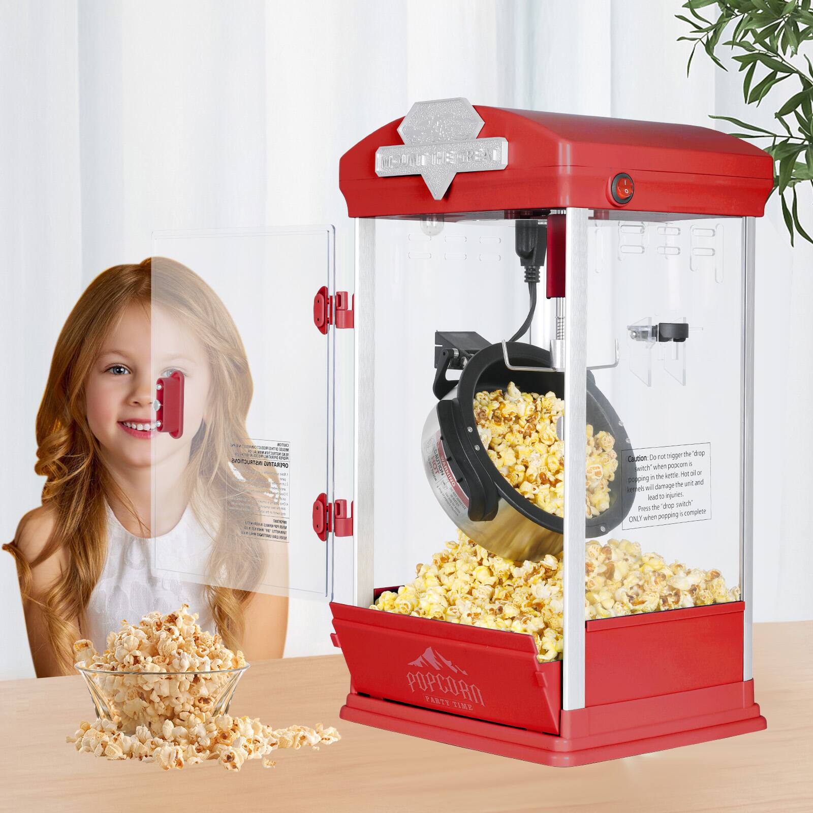 Sure, here is the corrected text:
---
**POPCORN PARTY TIME**
**Caution:** Do not trigger the "drop lever" when popcorn is popping in the kettle. Hot oil or kernels can damage the unit and lead to injury. Only when popping is complete.
---
**POPCORN PARTY TIME**