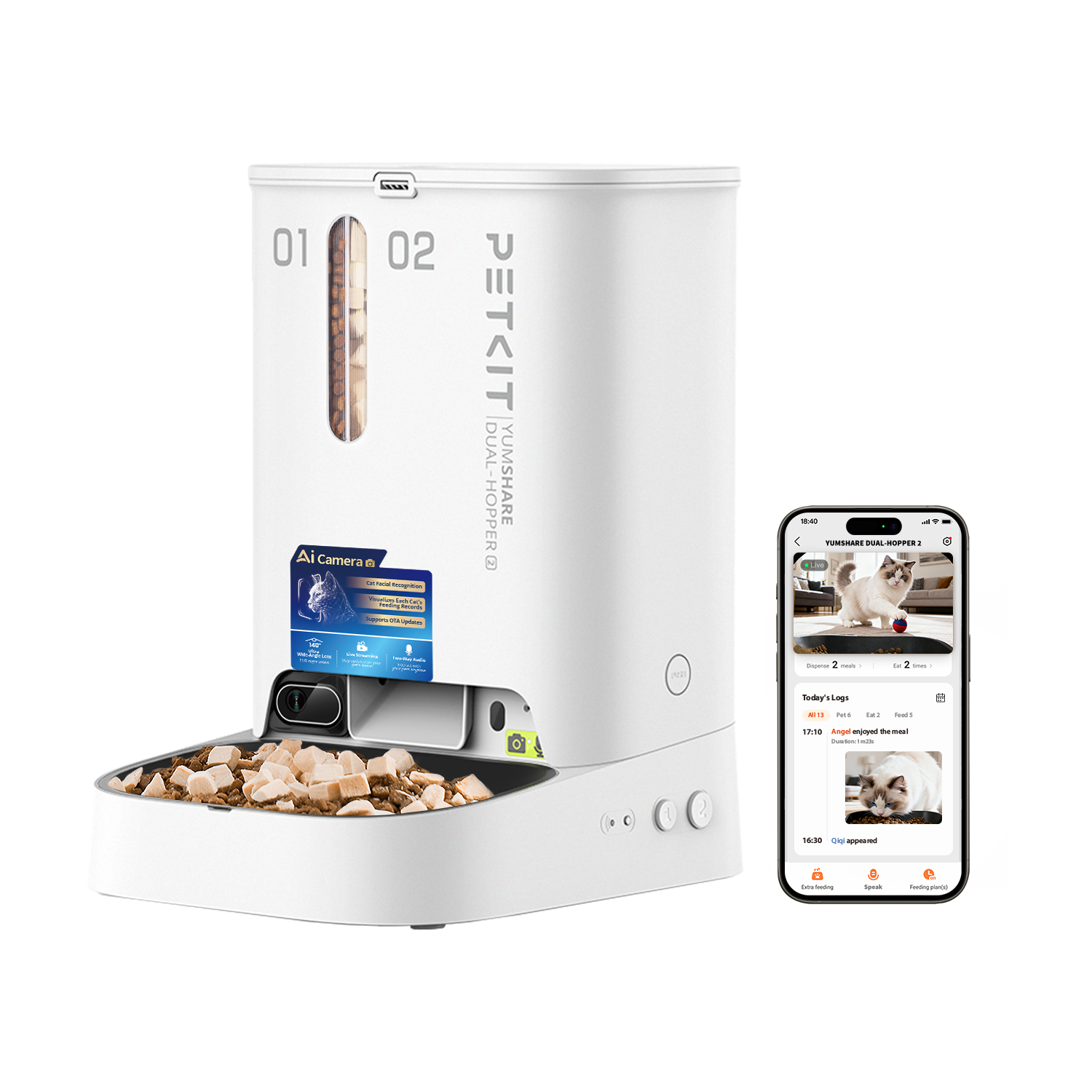 Petkit - Yumshare Dual-Hopper 2 Wifi Enabled 5L Automatic Cat Feeder with Camera, 2-Way Audio and Smart App Control - Wh - White