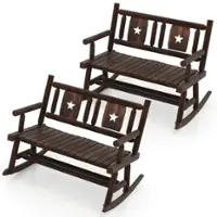 Costway 2 PCS Patio Rocking Bench Carbonized Wood Double Rocker Chair with Ergonomic Seat - Rustic Brown - Front_Zoom