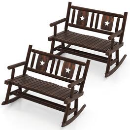 Costway - 2 PCS Patio Rocking Bench Carbonized Wood Double Rocker Chair with Ergonomic Seat - Rustic Brown