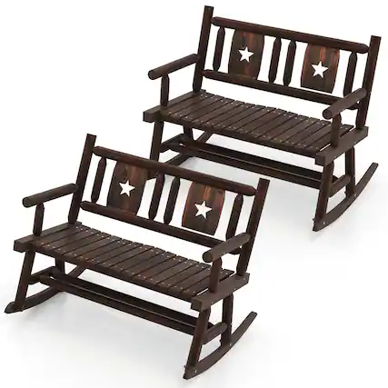 Front. Costway - 2 PCS Patio Rocking Bench Carbonized Wood Double Rocker Chair with Ergonomic Seat - Rustic Brown.