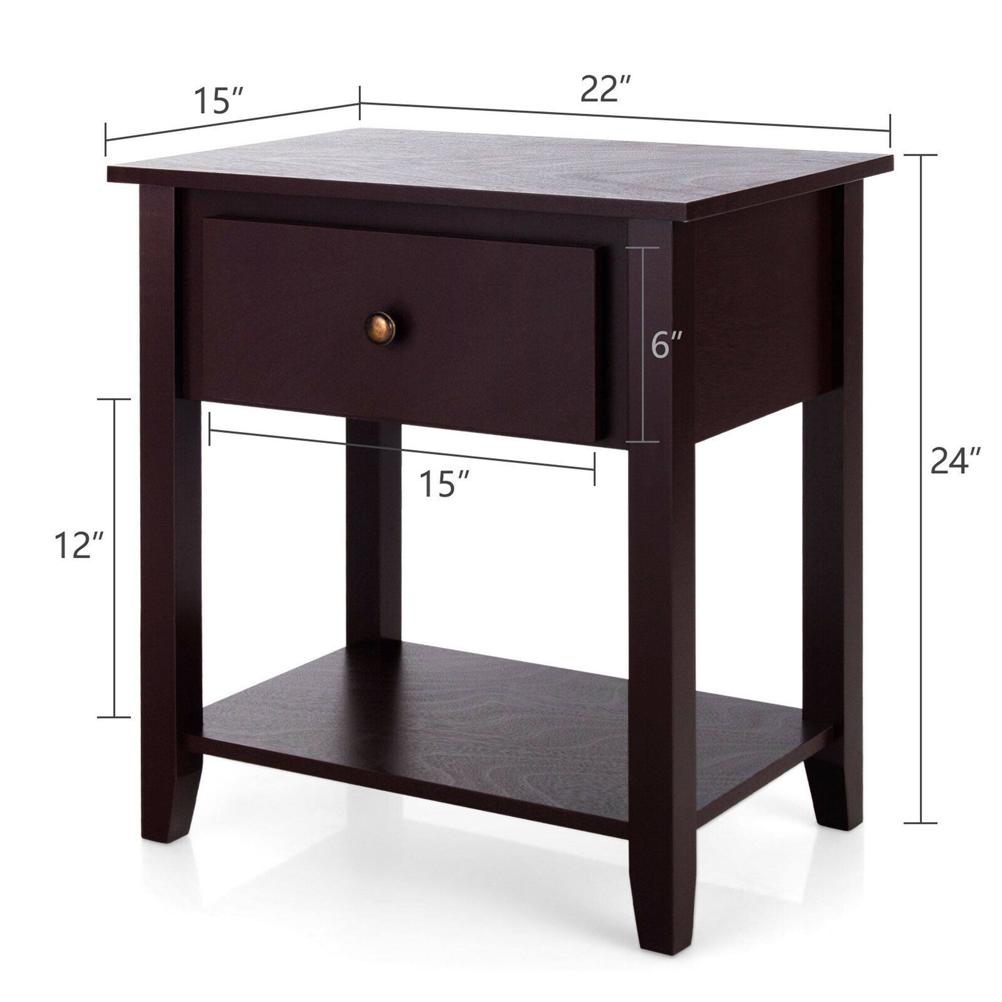 The dimensions of the table are:

- Width: 22"
- Depth: 15"
- Height: 24"
- Drawer Height: 6"
- Shelf Height: 12"