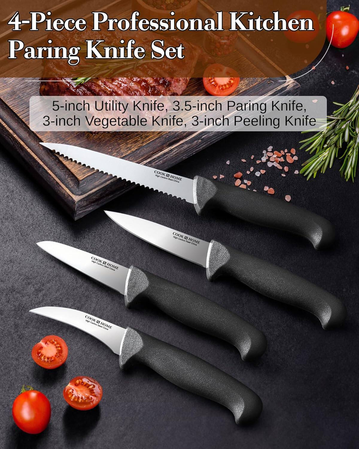 4-Piece Professional Kitchen Paring Knife Set

5-inch Utility Knife, 3.5-inch Paring Knife, 3-inch Vegetable Knife, 3-inch Peeling Knife

COOK & HOME